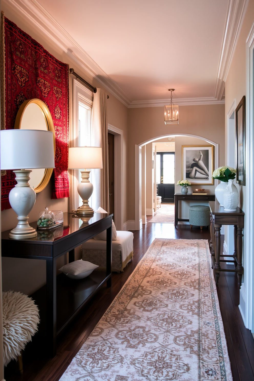 Layered textiles create a cozy and inviting atmosphere in the living space. Plush rugs, soft throws, and decorative pillows in complementary colors add depth and warmth to the room. The foyer features a long layout with elegant design elements. A console table with a statement lamp and artwork above creates a welcoming entry point, while a runner rug adds texture and guides guests through the space.