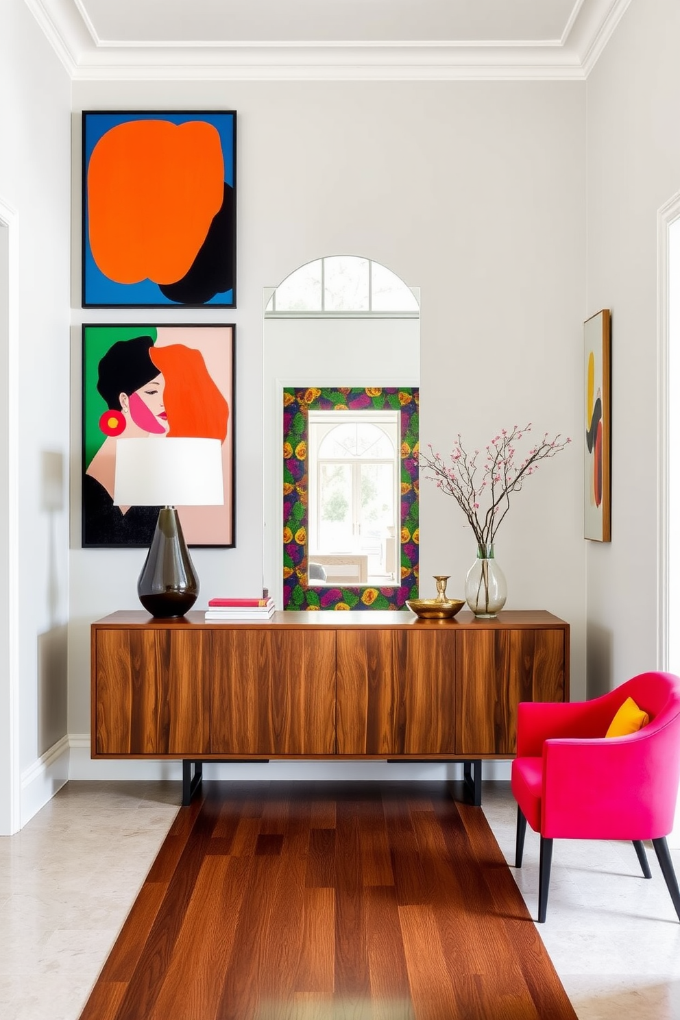 A long foyer featuring a sleek console table in a rich walnut finish. The walls are adorned with bold artwork that incorporates vibrant colors, creating a striking visual impact. At the end of the foyer, a large mirror with a colorful frame reflects natural light, enhancing the space. Brightly colored accent chairs are placed on either side of the console, inviting guests to pause and appreciate the design.