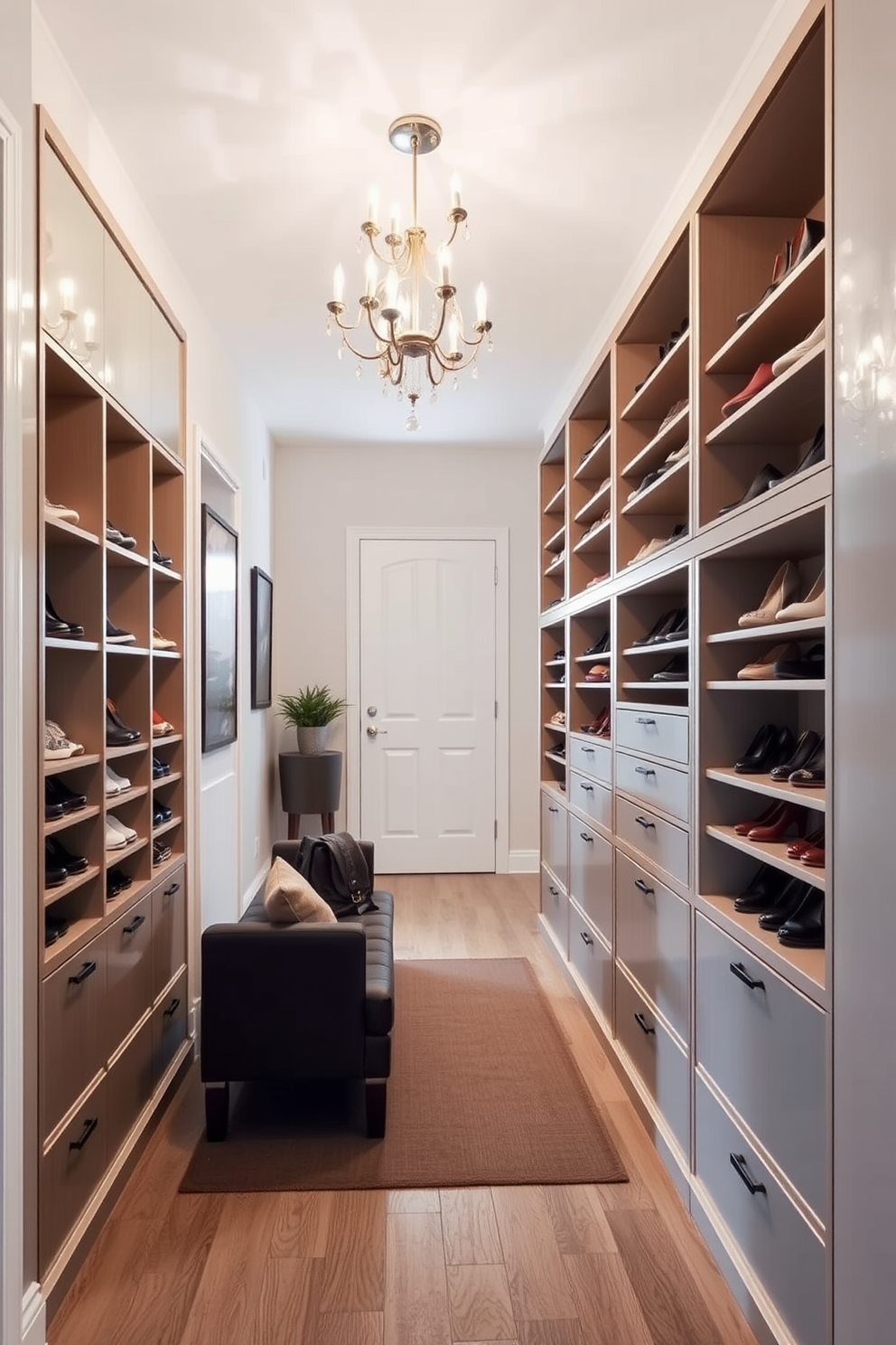 A long foyer featuring a sleek built-in shoe storage unit that blends seamlessly with the wall. The storage unit is designed with a combination of open cubbies and closed drawers, providing both accessibility and organization. The foyer is illuminated by a modern chandelier that adds elegance to the space. A stylish bench is placed beside the shoe storage, offering a comfortable spot for putting on or taking off shoes.