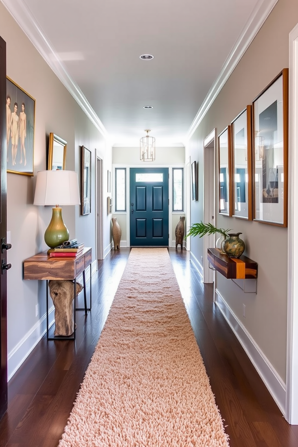 Artisan crafted pieces add unique charm to a long foyer. The space features a stunning console table made from reclaimed wood, adorned with a vintage lamp and a collection of curated books. The walls are lined with elegant artwork, creating a gallery-like atmosphere. A plush runner rug in warm tones leads guests through the inviting entrance, enhancing the overall warmth of the design.