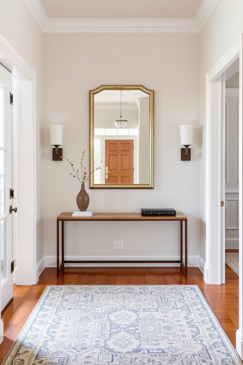 A long foyer designed in a transitional style combines classic and contemporary elements for a timeless appeal. The space features a sleek console table against a light-colored wall, adorned with a statement mirror above it that reflects natural light. Flanking the entrance are elegant sconces that provide soft illumination, enhancing the welcoming atmosphere. The flooring is a warm hardwood, complemented by a stylish area rug that adds texture and warmth to the entryway.