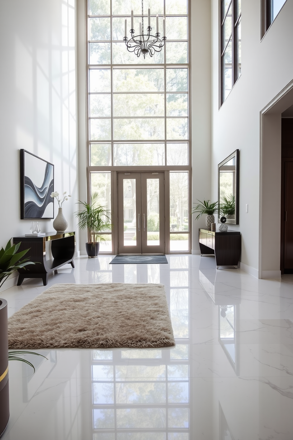 A spacious foyer featuring floor-to-ceiling windows that flood the space with natural light. The walls are adorned with elegant artwork, and a stylish console table sits against one side, complemented by a large mirror above it. The flooring is a polished marble that reflects the light beautifully, enhancing the airy feel of the space. A plush area rug adds warmth, while decorative plants in the corners bring a touch of nature indoors.