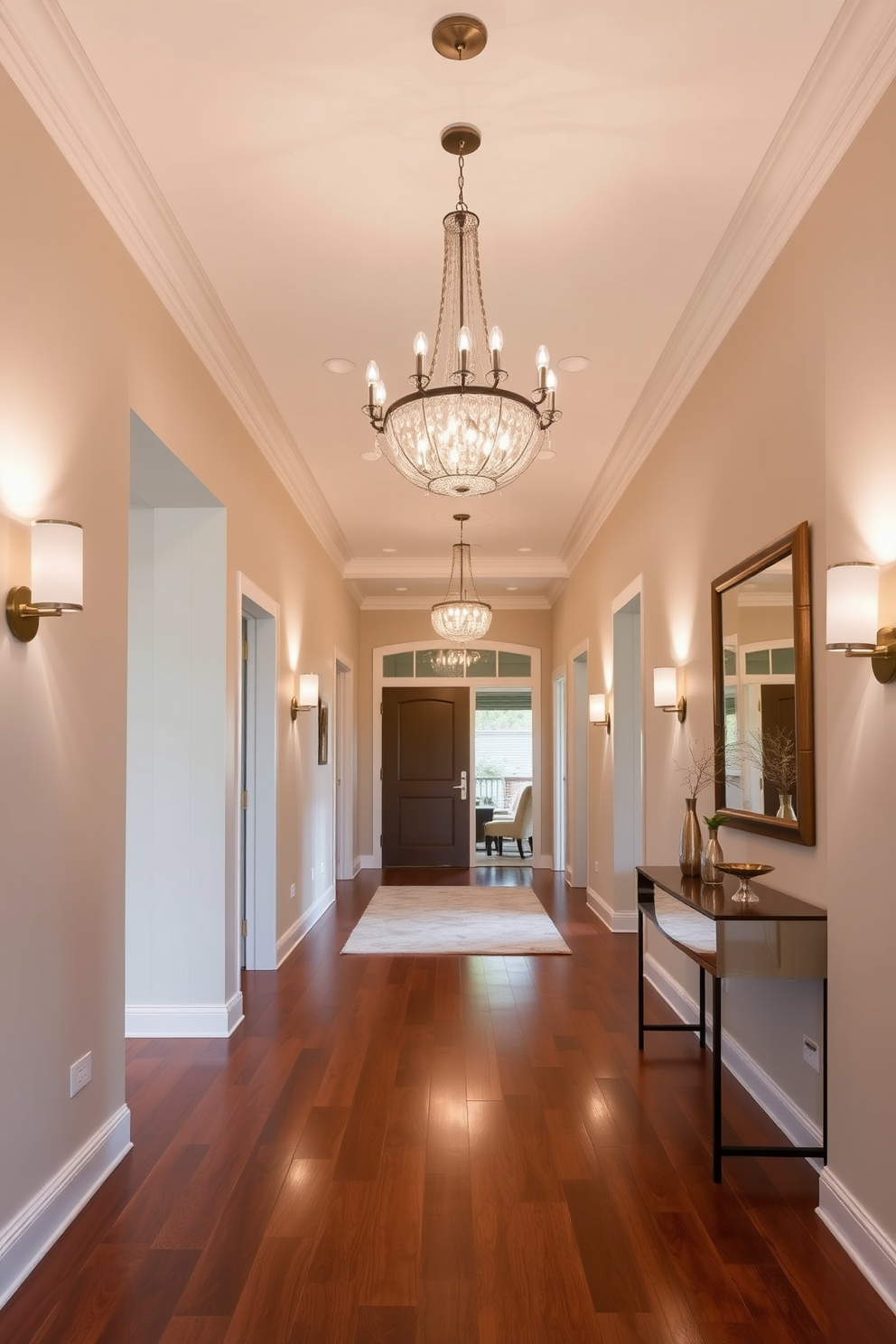 A long foyer featuring a combination of ambient, task, and accent lighting creates a welcoming atmosphere. Elegant sconces line the walls, while a stunning chandelier hangs from the ceiling, casting a warm glow throughout the space. The foyer is designed with a sleek console table against one wall, adorned with decorative objects and a large mirror above it. Rich hardwood flooring runs the length of the foyer, complemented by a soft area rug that adds texture and warmth to the entryway.