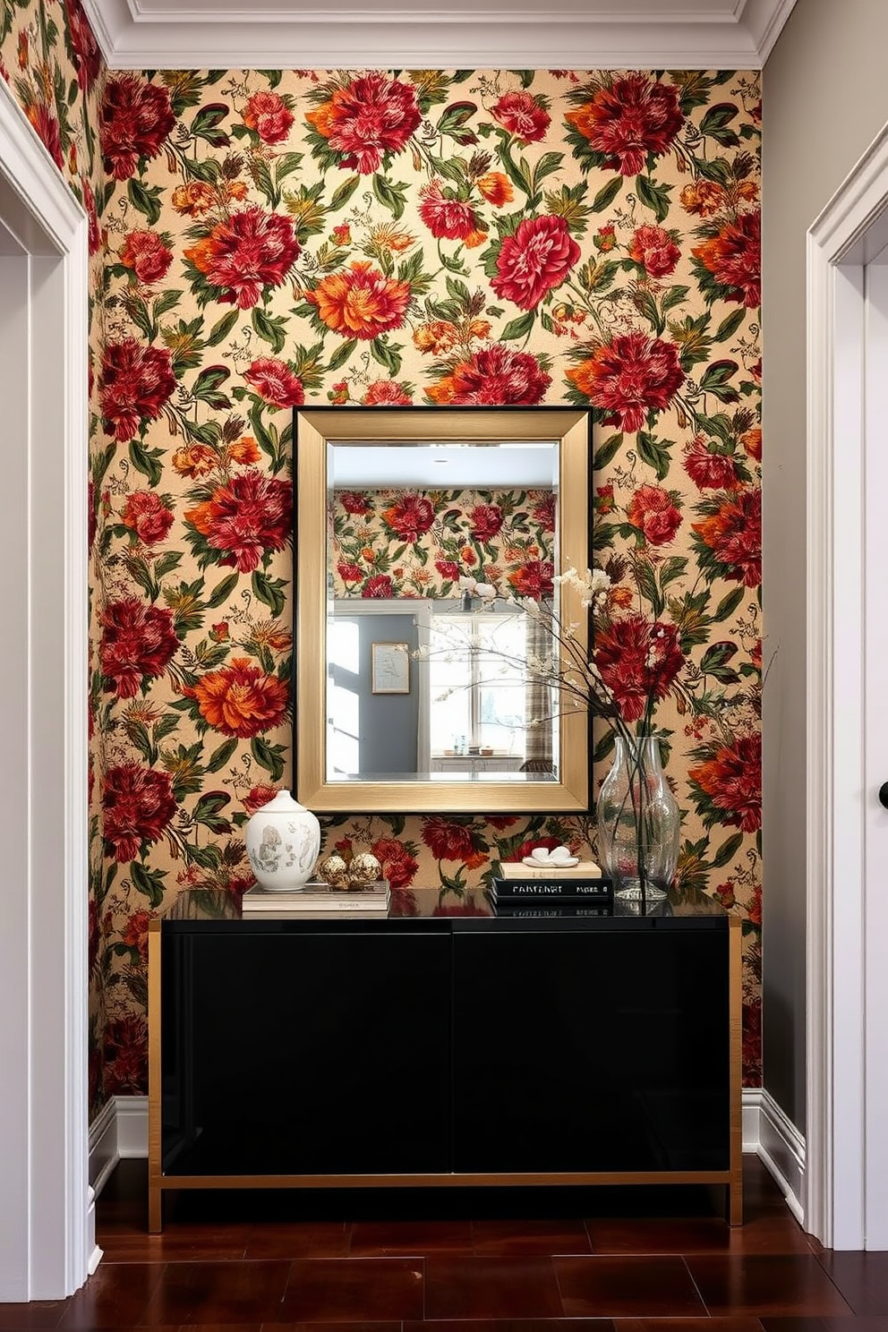 Bold wallpaper for a statement wall. The wallpaper features a vibrant floral pattern with rich colors that draw the eye and create a focal point in the room. Long foyer design ideas. The foyer is adorned with a sleek console table topped with decorative items and a large mirror, enhancing the sense of space and light.