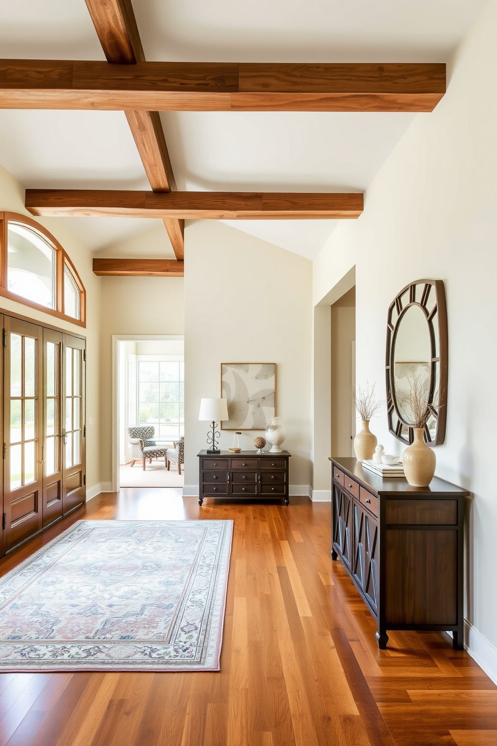 A long foyer with rustic wood beams creates a warm and inviting atmosphere. The space features a polished hardwood floor, complemented by a large area rug that adds texture and color. On one side of the foyer, there is a console table adorned with decorative items and a stylish mirror above it. The walls are painted in a soft neutral tone, enhancing the natural light that floods in through large windows.