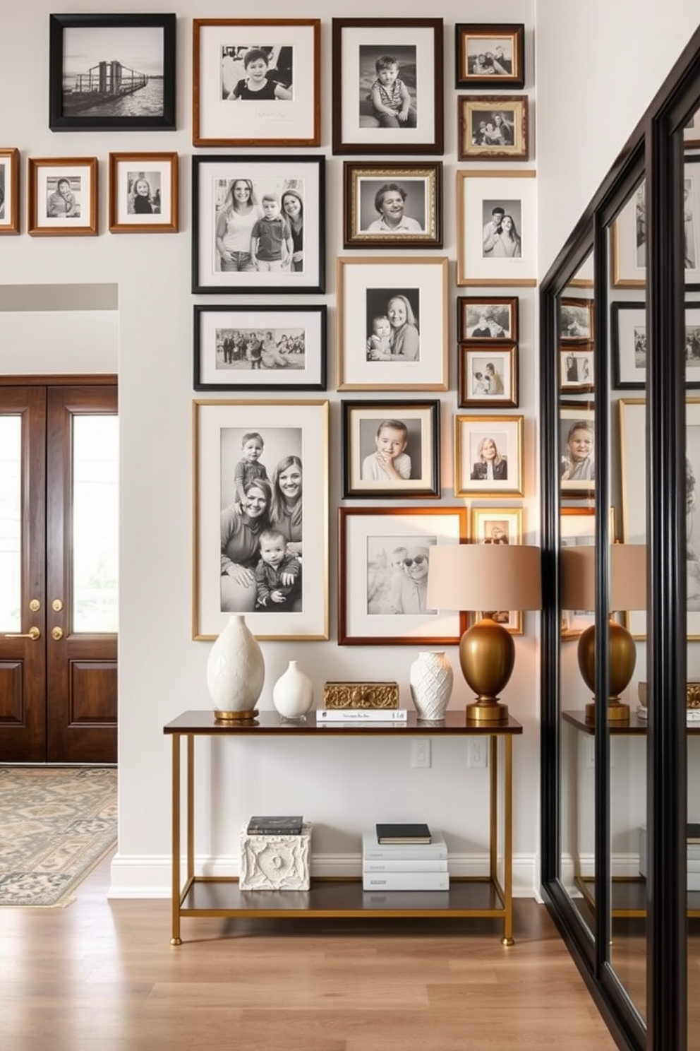 A gallery wall featuring family photos arranged in a cohesive layout. The frames vary in size and finish, creating an eclectic yet harmonious display that tells a story. Long foyer design ideas that emphasize spaciousness and elegance. The foyer includes a statement console table adorned with decorative items and a large mirror, enhancing the light and openness of the space.