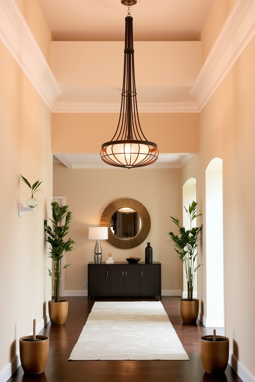 A stylish pendant light hangs gracefully in the center of the foyer, casting a warm glow that draws the eye upward. The light features an intricate design with a modern finish, enhancing the overall elegance of the space. The long foyer is adorned with a sleek console table against one wall, topped with decorative elements and a statement mirror above. Flanking the sides are tall potted plants that add a touch of greenery and create a welcoming atmosphere.