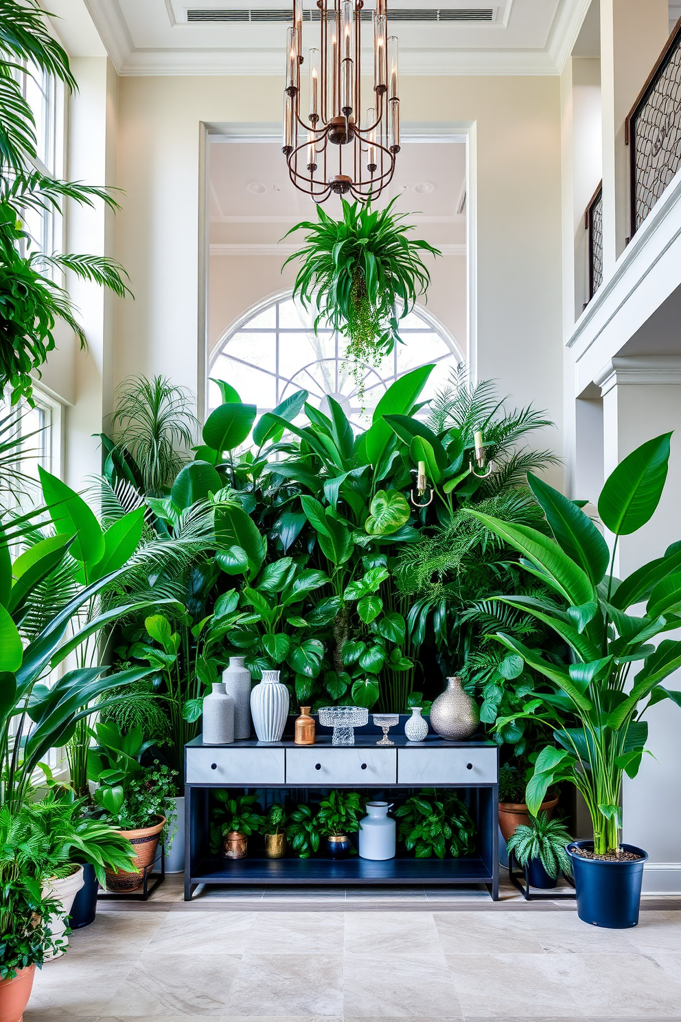 A serene indoor garden filled with lush green plants of varying heights and textures. The space features a mix of large potted plants and hanging planters, creating a vibrant and refreshing atmosphere. A grand foyer with high ceilings and elegant lighting fixtures. The design includes a statement console table adorned with decorative items, flanked by tall plants that invite guests into the home.