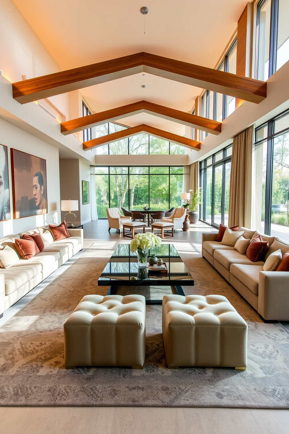 A long living room features a modern layout with a cozy seating arrangement centered around a sleek coffee table. Plush ottomans are strategically placed to provide flexible seating options, allowing for easy rearrangement during gatherings. The walls are adorned with elegant artwork, while a large area rug defines the space and adds warmth. Natural light floods in through expansive windows, complemented by soft, layered lighting for a welcoming ambiance.