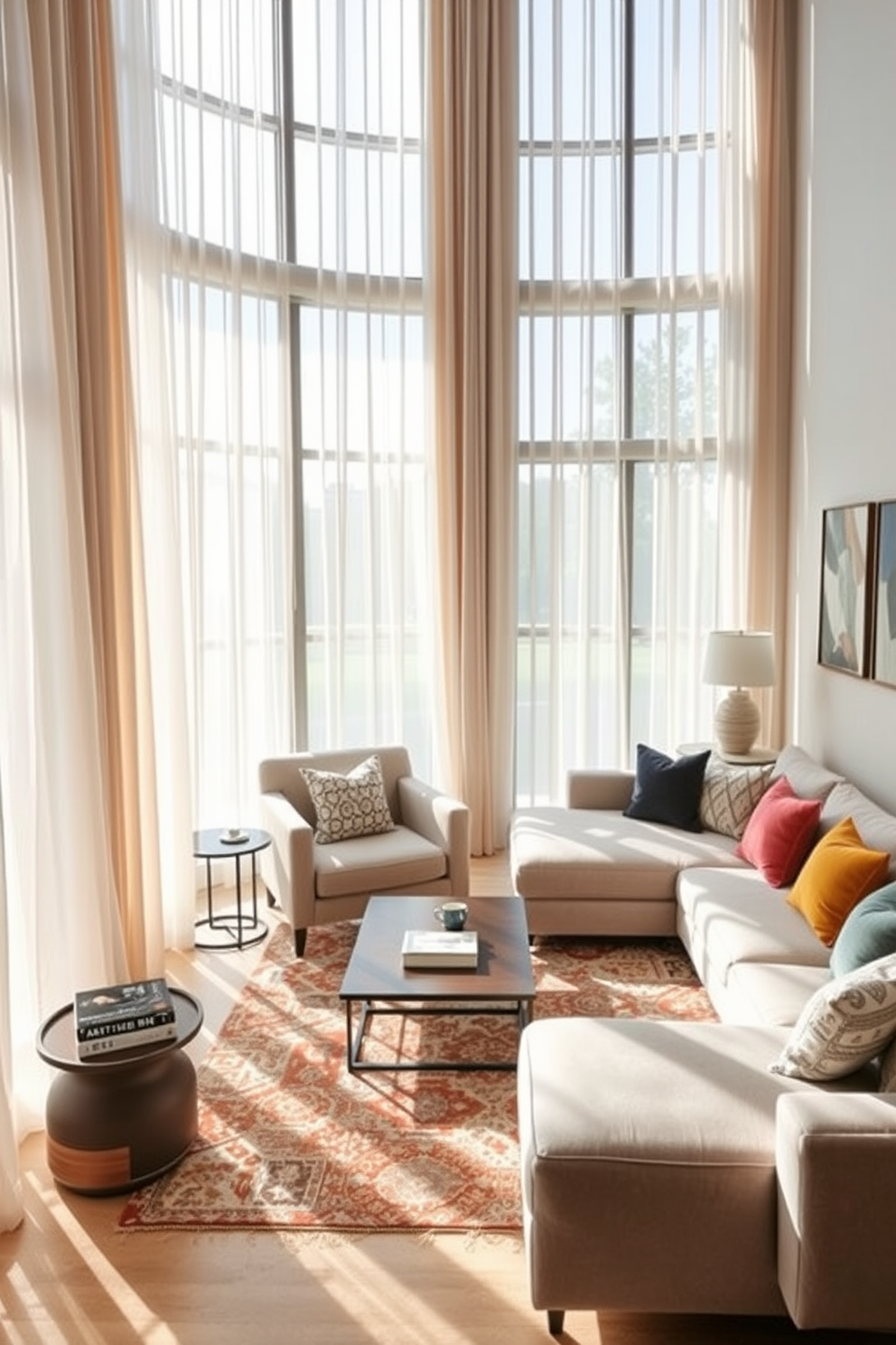 A cozy reading nook by the windows features a plush armchair upholstered in soft fabric, accompanied by a small side table holding a stack of books and a steaming cup of tea. Natural light floods the space through large windows adorned with sheer curtains, creating a warm and inviting atmosphere. The long living room design incorporates a sleek sectional sofa in a neutral tone, complemented by colorful throw pillows for added comfort. A stylish coffee table sits at the center, surrounded by a plush area rug that ties the room together, while artwork adorns the walls to enhance the overall aesthetic.