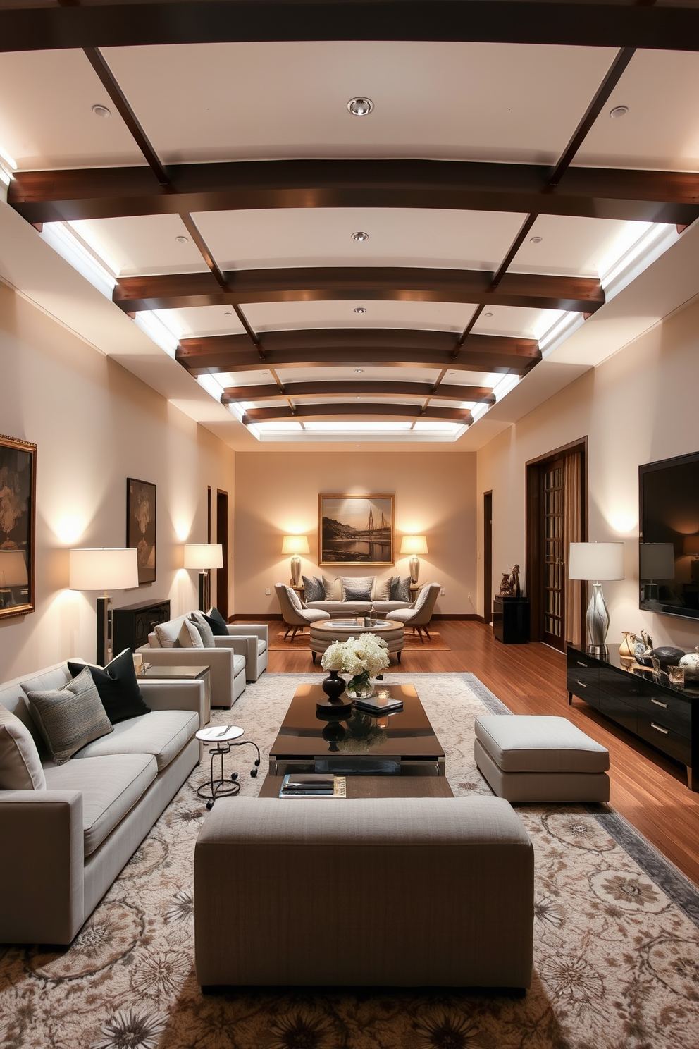 A long living room featuring a layered lighting design with elegant floor and table lamps strategically placed throughout the space. The walls are adorned with soft neutral tones, and a plush area rug anchors the seating arrangement, creating a warm and inviting atmosphere.