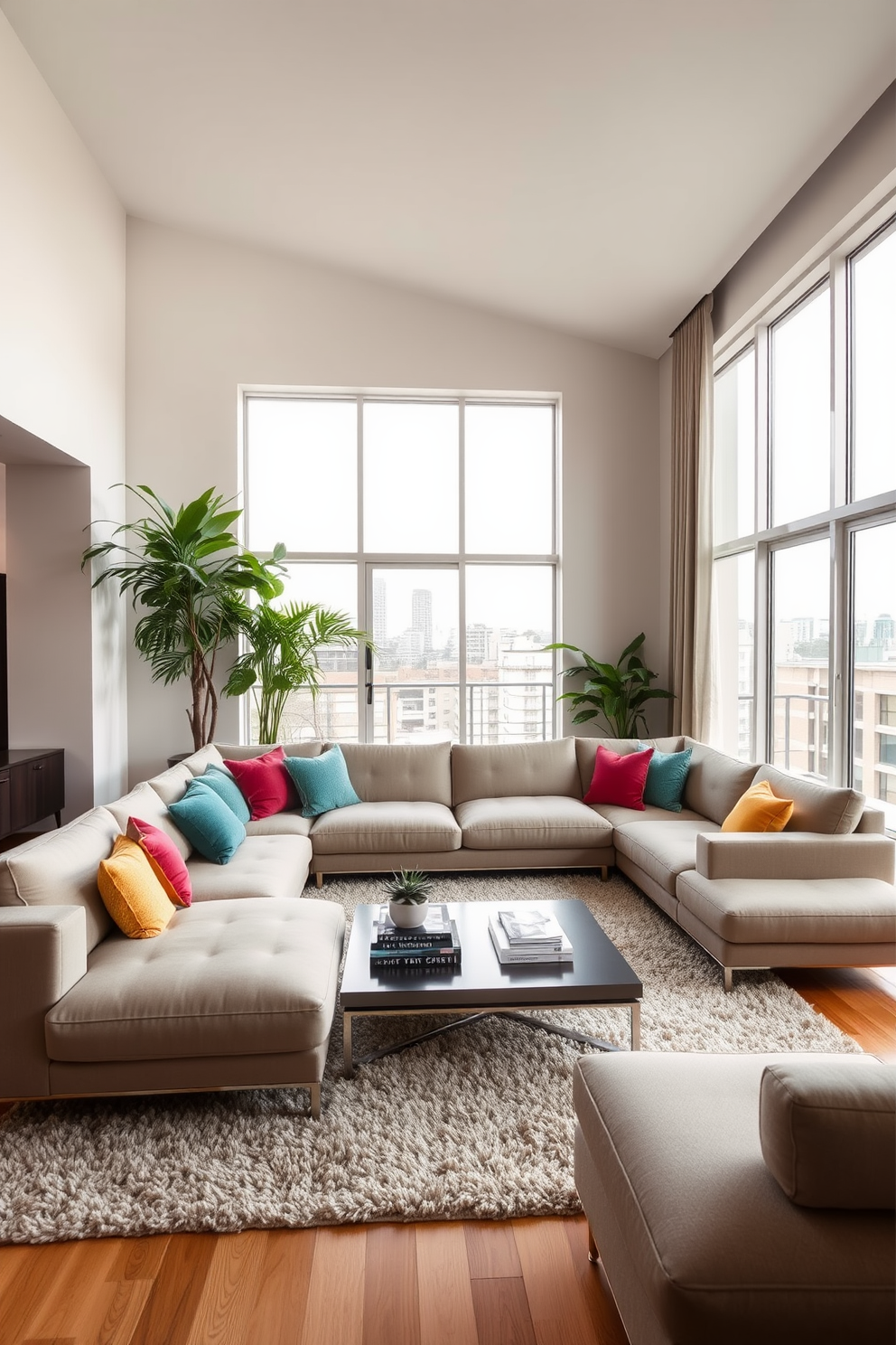 A stylish long living room features a large sectional sofa in a neutral tone, complemented by vibrant throw pillows. Floor-to-ceiling windows allow natural light to flood the space, while a plush area rug anchors the seating arrangement. In one corner, a tall indoor plant adds a refreshing touch of greenery, enhancing the room's inviting atmosphere. A sleek coffee table sits in front of the sofa, adorned with decorative books and a small potted succulent for added charm.