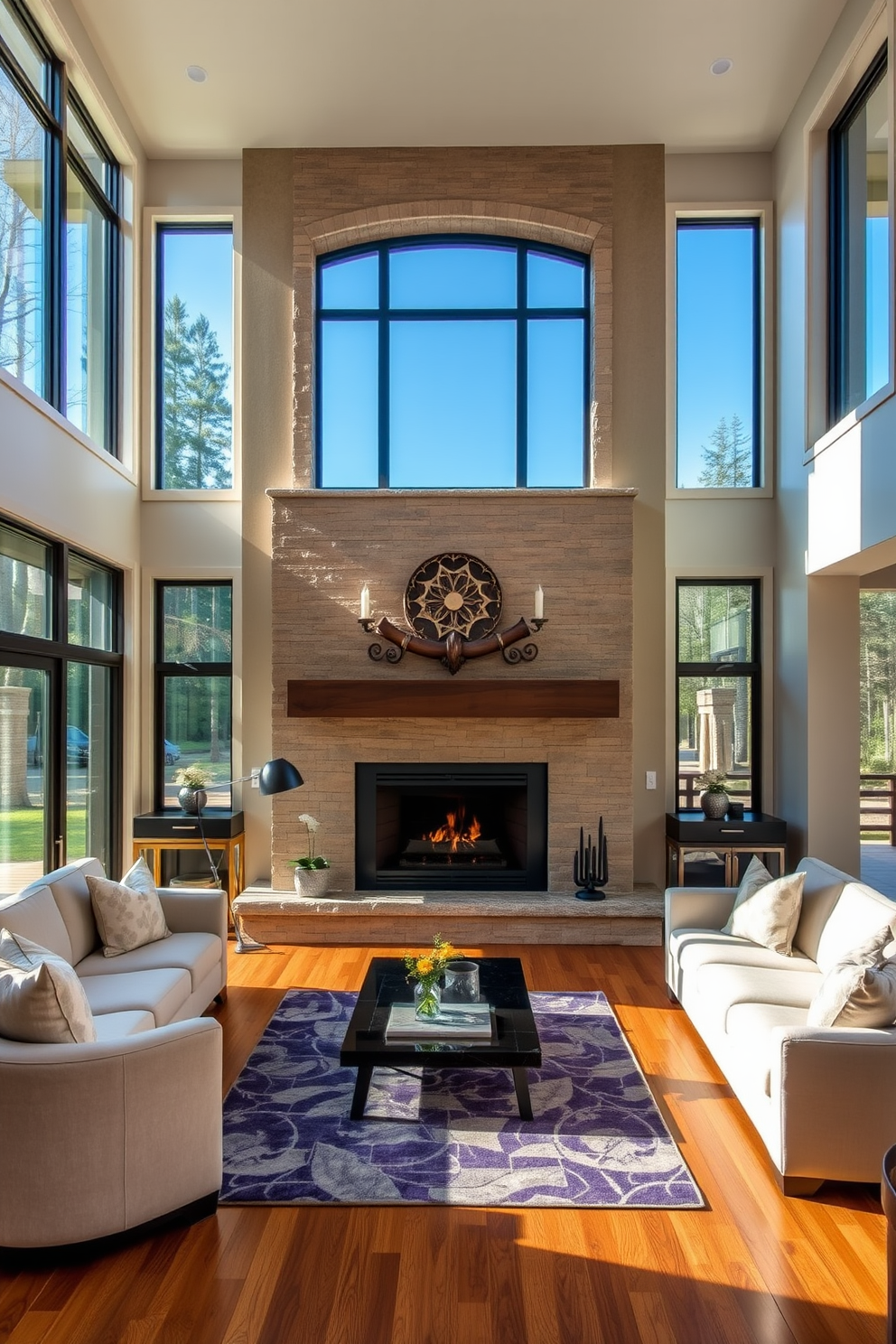 A stunning long living room features a central fireplace that serves as the focal point of the space. The fireplace is framed with elegant stonework and adorned with decorative elements that enhance its visual appeal. Surrounding the fireplace, plush seating arrangements invite relaxation and conversation. Large windows allow natural light to flood the room, highlighting the warm tones of the wooden flooring and the soft textures of the furnishings.