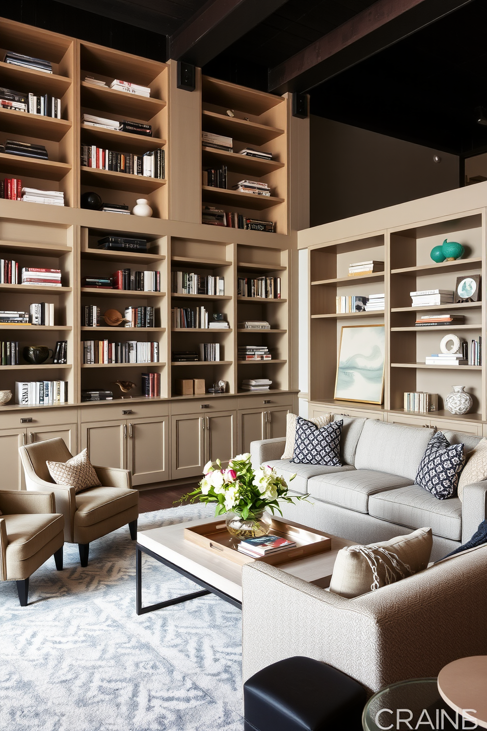 A spacious living room featuring open shelving units that divide the space into cozy conversation areas. The shelves are filled with curated books and decorative items, creating an inviting atmosphere. The seating arrangement includes a large sectional sofa in a soft fabric, complemented by a pair of elegant armchairs. A stylish coffee table sits at the center, adorned with a decorative tray and fresh flowers.