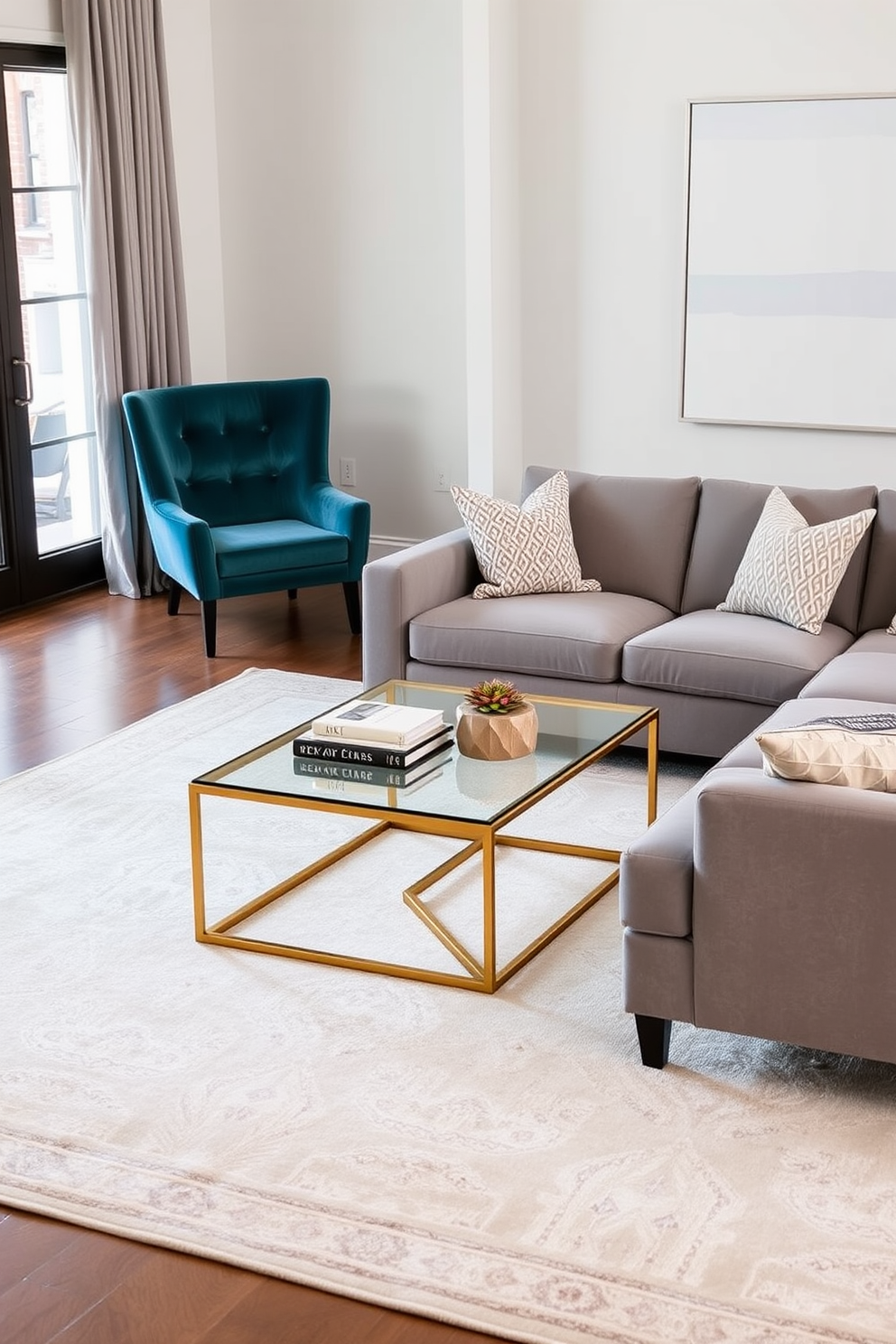 A spacious living room featuring an elegant area rug that defines the seating area. The rug is a soft cream color with subtle geometric patterns, complementing the plush sectional sofa in a muted gray hue. In the corner of the room, a stylish accent chair adds a pop of color with its rich teal fabric. A sleek coffee table made of glass and brass sits atop the rug, adorned with a few carefully curated decorative books and a small succulent.