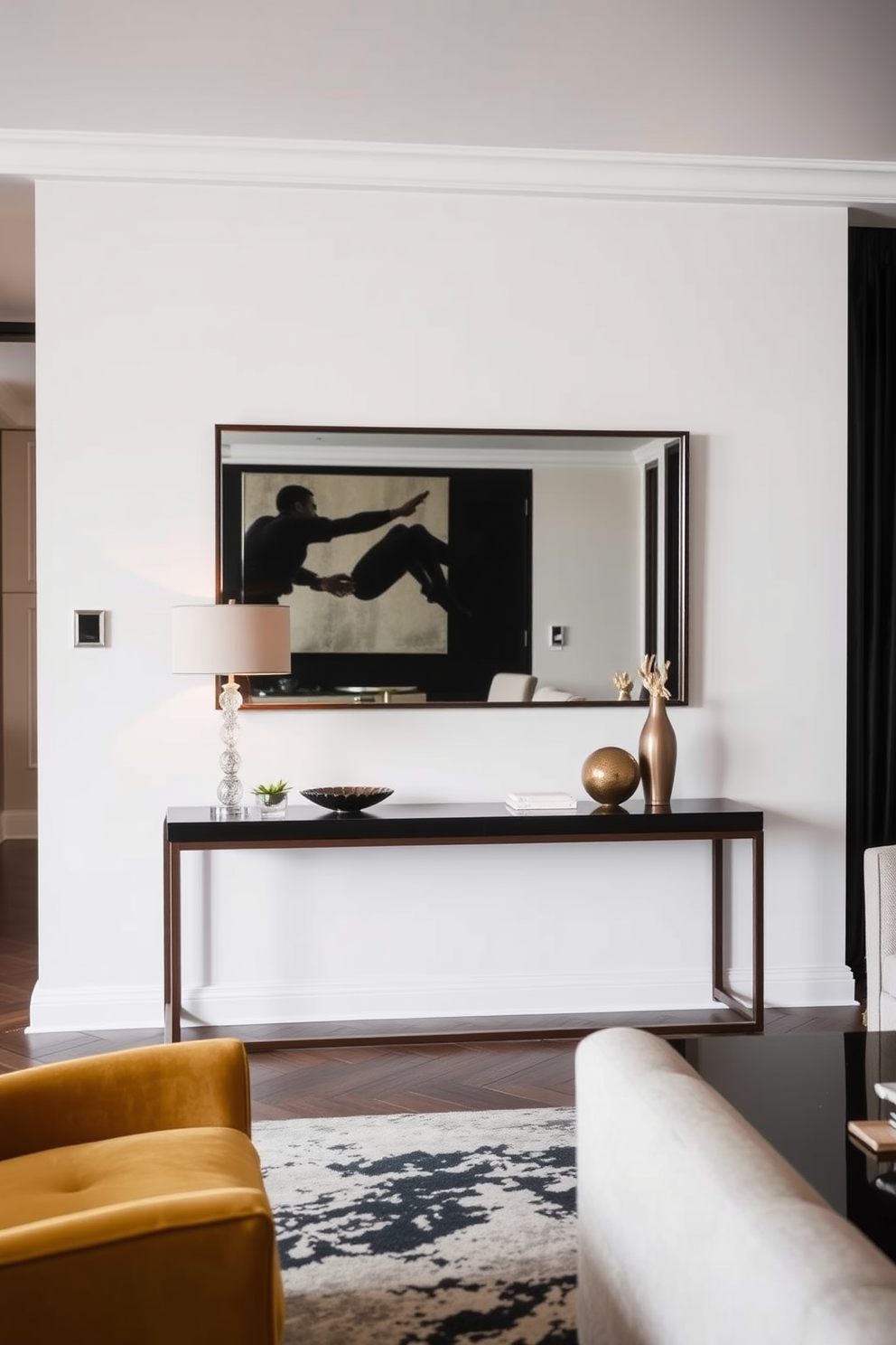 A stylish long living room features a sleek console table positioned against the wall. The table is adorned with decorative items and a large mirror above it, enhancing the sense of space and elegance.