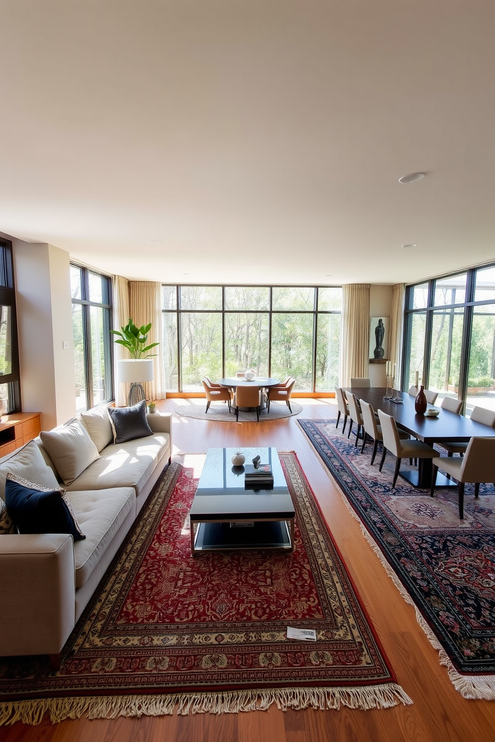 A spacious long living room features a combination of a cozy seating area and a formal dining space. A large sectional sofa in a neutral tone is arranged around a sleek coffee table, creating an inviting conversation zone. On the opposite side, a rectangular dining table with elegant chairs is set against a backdrop of large windows that allow natural light to flood the space. Decorative rugs delineate each area, adding warmth and texture to the overall design.