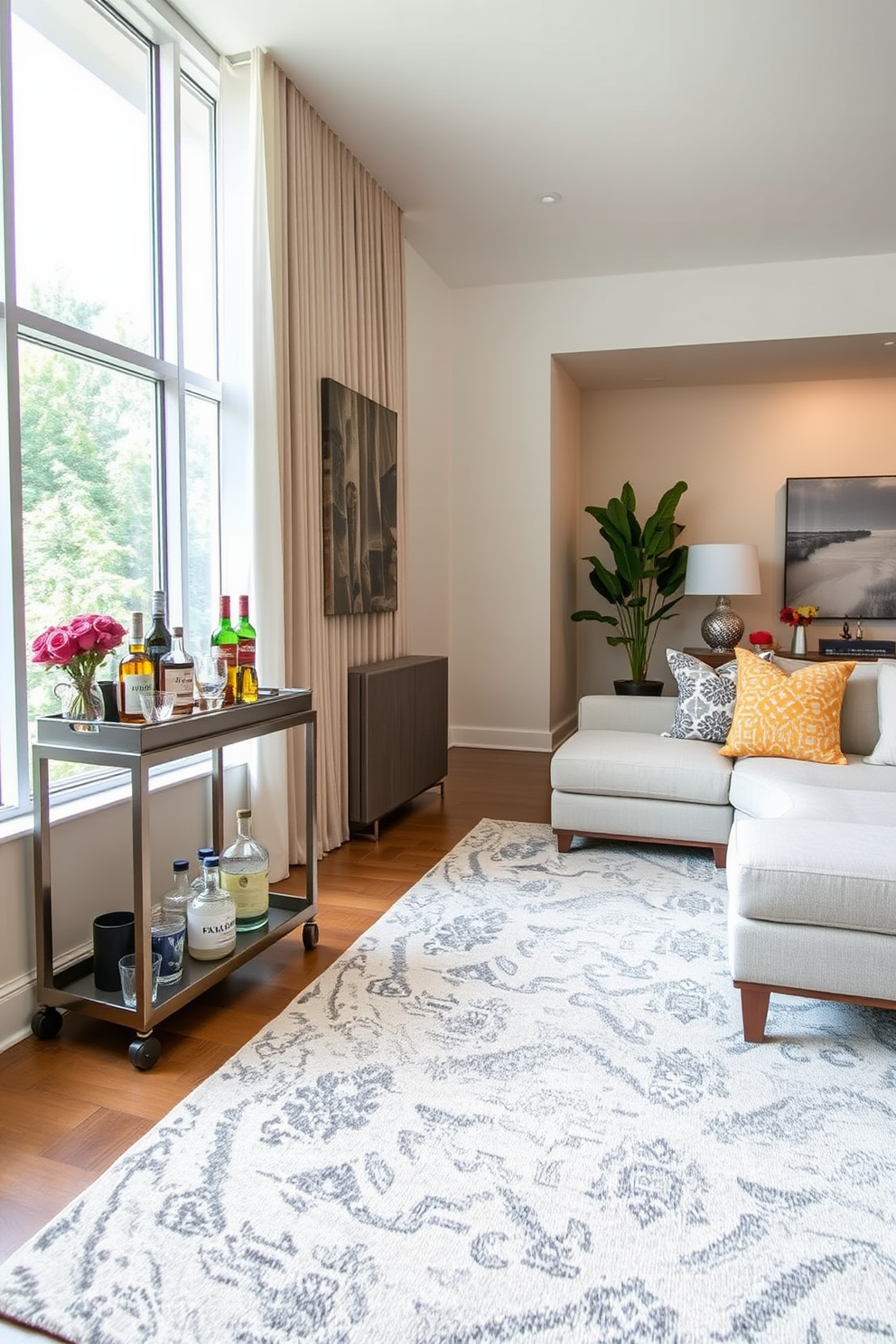 A stylish long living room designed for entertaining features a sleek bar cart positioned elegantly in one corner. The bar cart is stocked with an array of premium spirits and glassware, complemented by a chic tray and decorative items. The seating arrangement includes a plush sectional sofa in a neutral tone, accented by vibrant throw pillows. A large area rug anchors the space, and floor-to-ceiling windows allow natural light to flood the room, enhancing the inviting atmosphere.