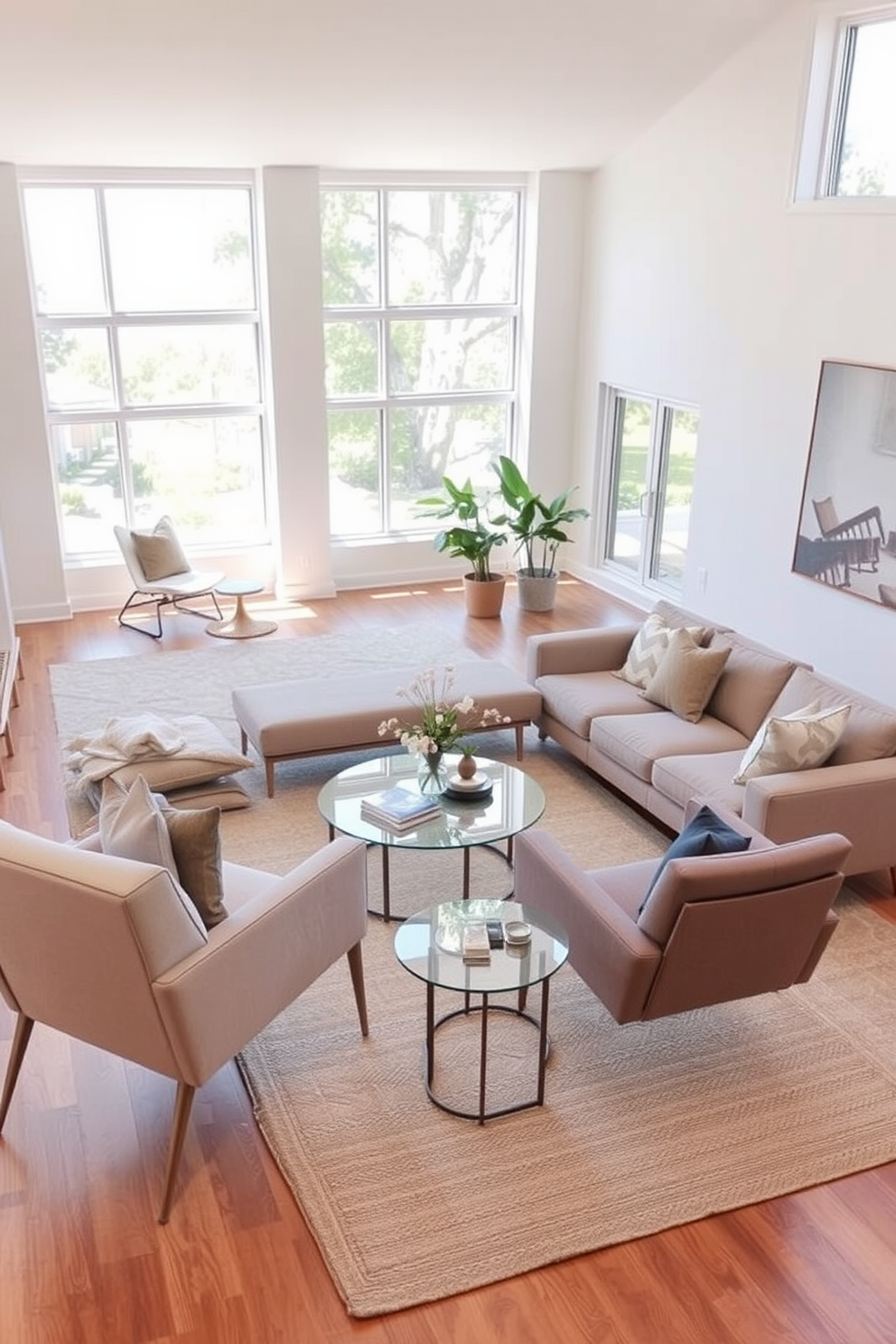 A spacious living room filled with natural light. The design features a large sectional sofa with exposed wooden legs, complemented by a glass coffee table that enhances the openness of the space. Incorporate a pair of stylish armchairs with sleek lines and exposed metal legs. A soft area rug in neutral tones anchors the seating area while maintaining a sense of airiness.