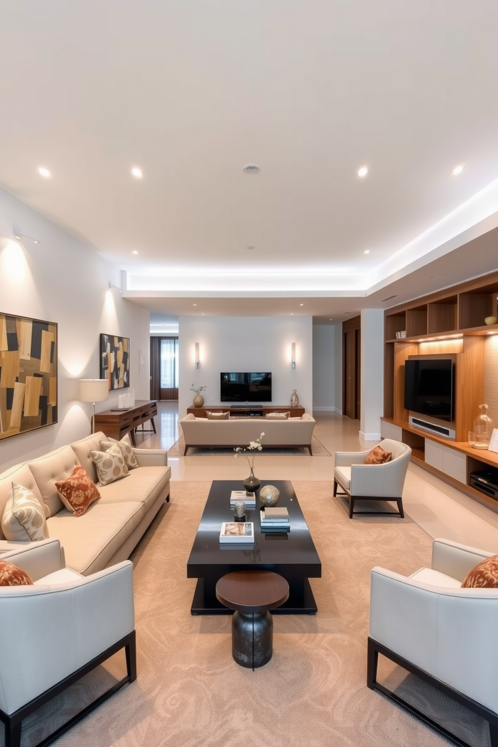 A long living room features an open layout with a cozy seating area at one end and a stylish entertainment center at the other. Wall-mounted lighting fixtures illuminate the space, highlighting artwork and adding warmth to the overall design. The seating arrangement includes a plush sectional sofa paired with modern accent chairs, creating an inviting atmosphere. A sleek coffee table sits in the center, surrounded by decorative elements that enhance the room's aesthetic.