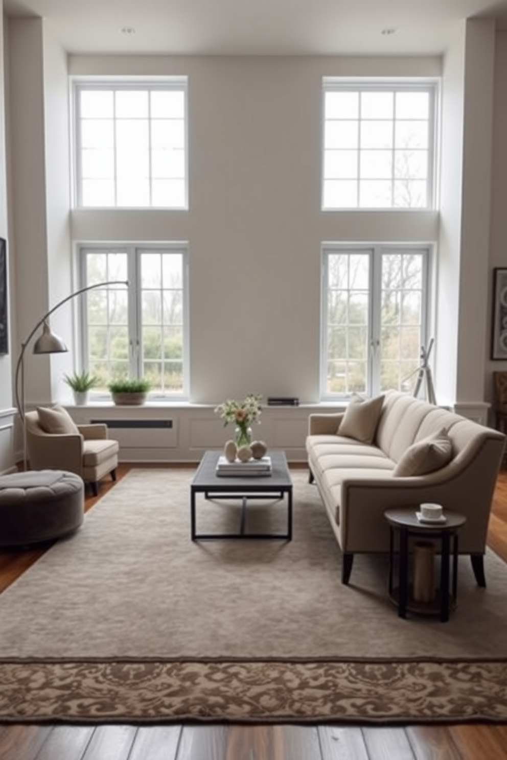 A spacious living room featuring a long, elegant bench positioned against a wall, providing additional seating for guests. The room is adorned with a soft area rug, plush throw pillows, and a stylish coffee table at the center, creating a warm and inviting atmosphere. Large windows allow natural light to flood the space, highlighting the neutral color palette of the walls and furniture. A mix of modern and vintage decor elements, such as a sleek floor lamp and artistic wall art, enhance the overall aesthetic of the room.