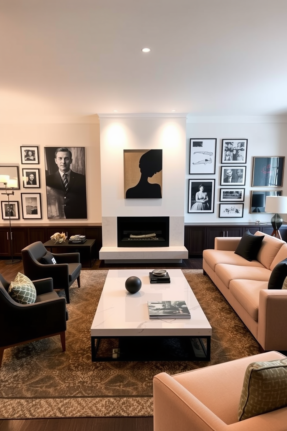 A spacious living room features a large sectional sofa in a neutral tone facing a modern fireplace. The walls are adorned with a curated gallery wall showcasing a mix of abstract art and framed photographs, adding visual interest and personality to the space. A sleek coffee table sits in the center, complemented by stylish accent chairs that invite conversation. Soft lighting from a contemporary floor lamp creates a warm and inviting atmosphere, perfect for relaxation and entertaining.