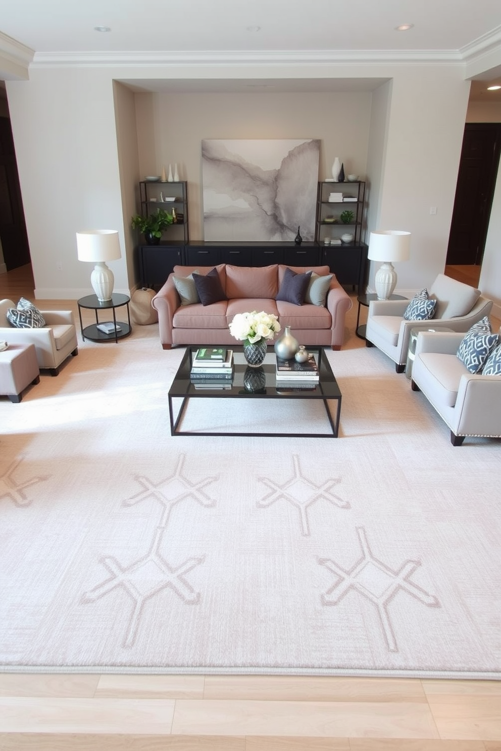 A spacious living room featuring a large area rug that anchors the seating arrangement, creating a cohesive and inviting atmosphere. The rug is adorned with a subtle geometric pattern in soft earth tones, complementing the surrounding furniture. In the center of the room, a plush sectional sofa is paired with a pair of accent chairs, all positioned to encourage conversation. A sleek coffee table sits atop the rug, adorned with decorative books and a stylish centerpiece, enhancing the room's elegance.