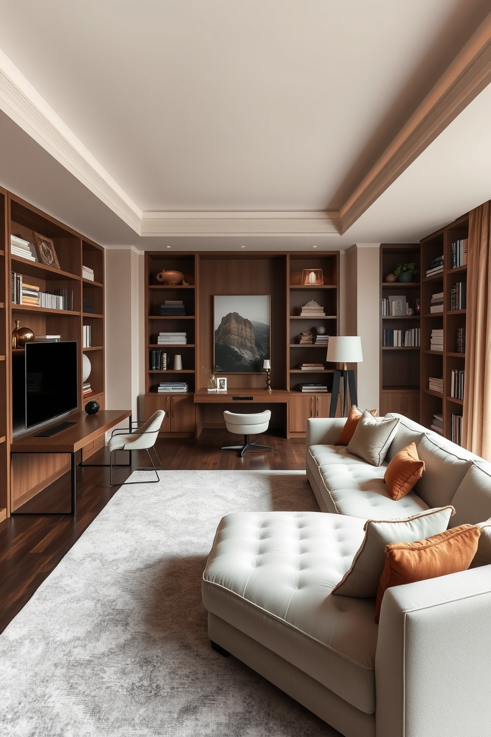 A long living room with an elegant design featuring a plush sectional sofa in a neutral color. The space includes a sleek wooden desk positioned near a large window, providing a functional workspace that complements the overall aesthetic. The walls are adorned with soft, warm tones, and a large area rug anchors the seating area. Floor-to-ceiling bookshelves flank the desk, filled with stylish decor and books, enhancing the room's sophistication.