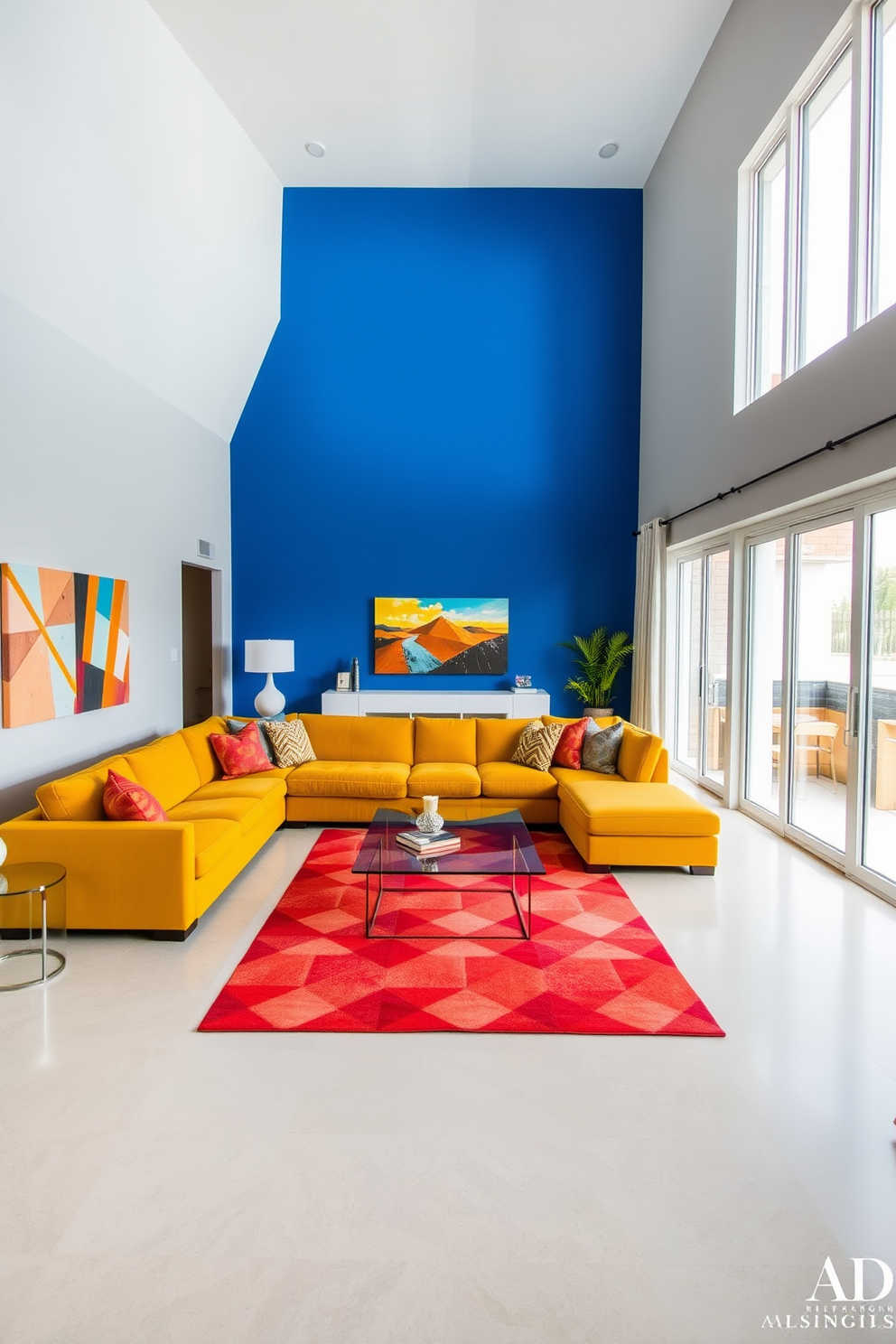 A long living room features an accent wall painted in a bold royal blue that contrasts beautifully with the light gray walls. The room is furnished with a plush sectional sofa in a vibrant mustard yellow, accompanied by a sleek glass coffee table in the center. A large area rug with geometric patterns in red and orange tones adds warmth to the space. Floor-to-ceiling windows allow natural light to flood the room, highlighting the colorful artwork that adorns the walls.