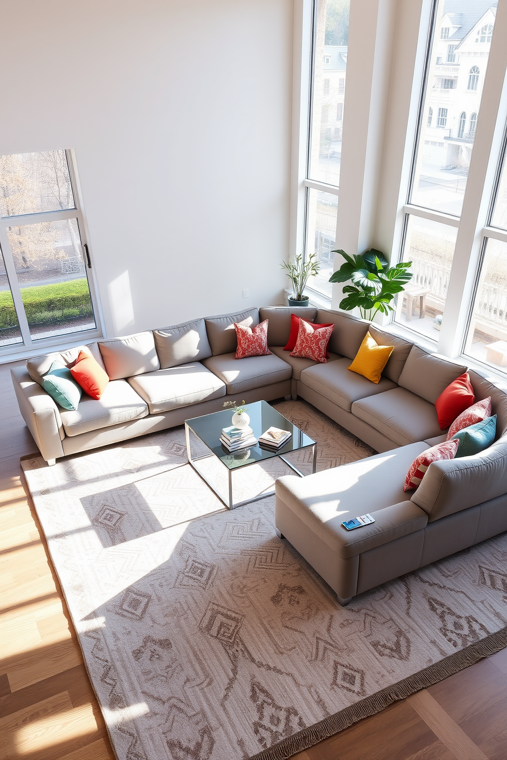 A spacious living room featuring a large sectional sofa arranged to maximize seating and comfort. The sectional is upholstered in a soft gray fabric, complemented by colorful throw pillows that add a pop of color to the space. The room is illuminated by natural light streaming through oversized windows, creating an inviting atmosphere. A large area rug anchors the seating area, while a sleek coffee table sits in the center, offering both style and functionality.