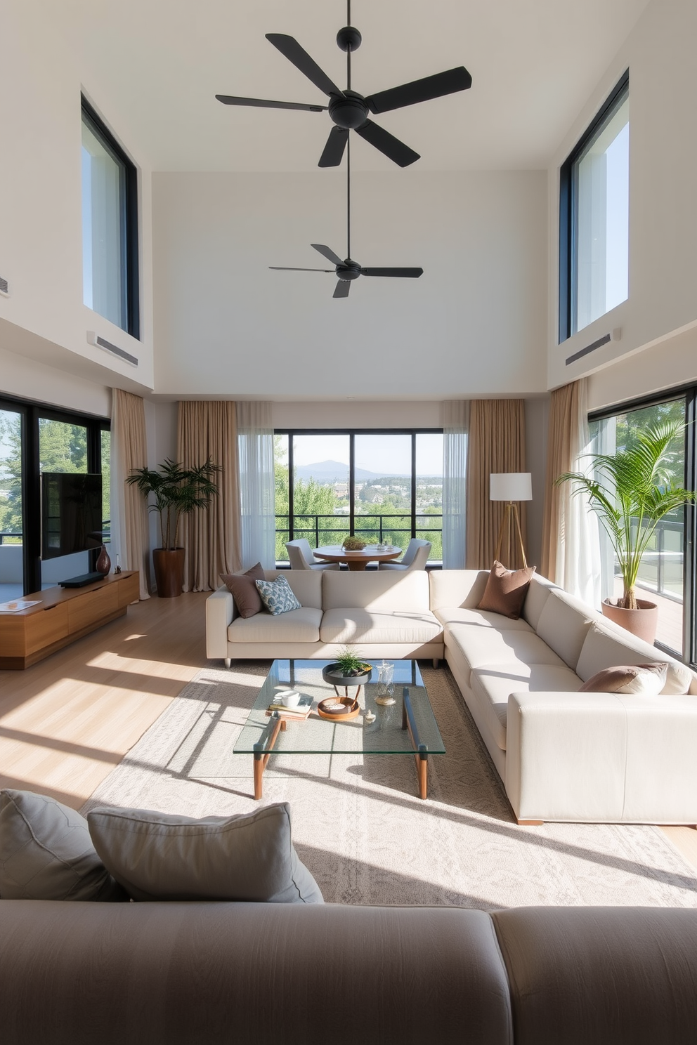 A spacious living room featuring low-profile furniture to enhance visibility and openness. The seating arrangement includes a sleek sectional sofa in a neutral tone paired with a glass coffee table, allowing for unobstructed sightlines throughout the room. Incorporate large windows that flood the space with natural light, complemented by sheer curtains for an airy feel. Add a statement rug under the seating area to define the space while maintaining a light and inviting atmosphere.