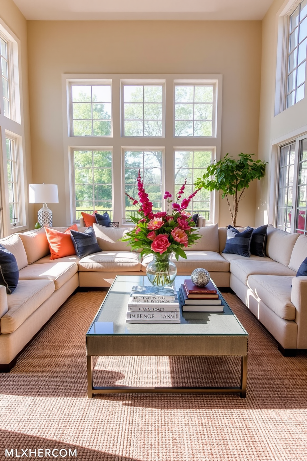 A spacious living room featuring a plush sectional sofa in a neutral tone, complemented by vibrant throw pillows. The focal point is a statement coffee table centerpiece adorned with a striking floral arrangement and an assortment of decorative books. Large windows allow natural light to flood the room, enhancing the warm, inviting atmosphere. The walls are painted in a soft beige, and a textured area rug anchors the seating area, adding depth and comfort.