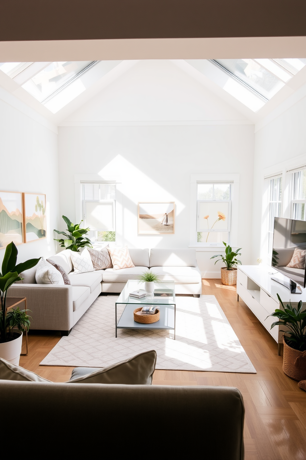 A bright and airy living room filled with natural light. The walls are painted in soft white and the ceiling features large windows that let in ample sunlight. A plush light gray sectional sofa is positioned around a sleek glass coffee table. Accent pillows in pastel shades add a touch of color to the seating area. A large area rug with a subtle pattern anchors the space, providing warmth underfoot. Potted plants in the corners bring a refreshing touch of nature to the room. Artwork with light and cheerful themes adorns the walls, enhancing the overall brightness of the space. A minimalist media console holds a flat-screen TV, completing the inviting atmosphere.