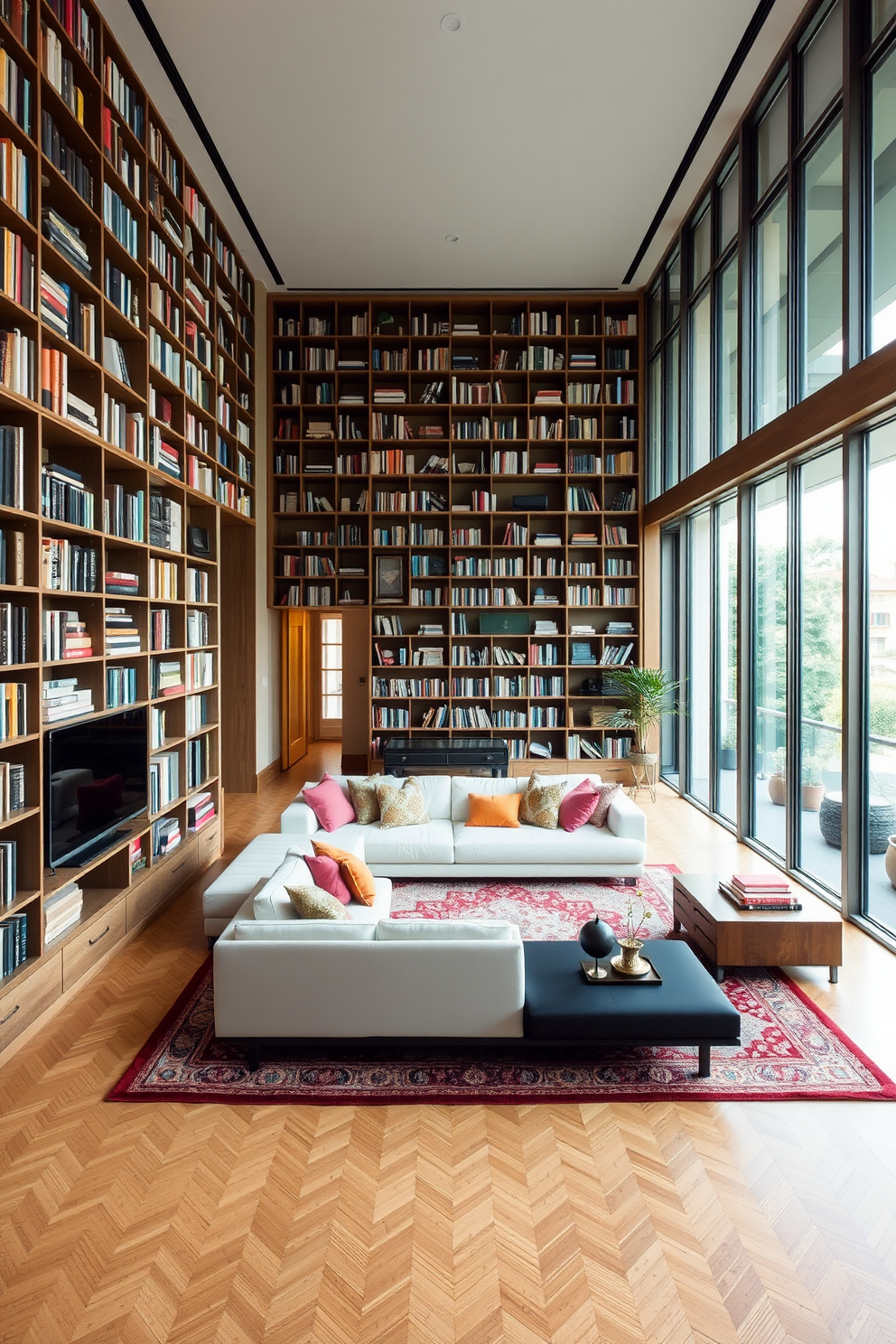 A long living room with vertical storage solutions that maximize floor space. The walls are lined with tall bookshelves filled with books and decorative items, while a sleek, modern sofa sits in the center, adorned with colorful cushions. A large area rug defines the seating area, creating a cozy atmosphere. Floor-to-ceiling windows allow natural light to flood the room, highlighting the elegant decor and inviting ambiance.