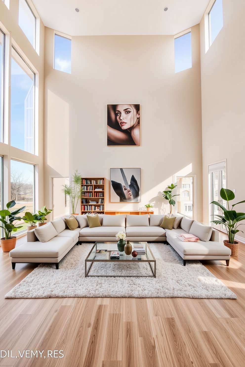 A spacious living room with high ceilings and large windows that allow natural light to flood the space. The walls are painted in a soft beige tone, and the floor is covered with a plush area rug in neutral colors. A large sectional sofa is arranged around a sleek coffee table made of glass and metal. Stylish artwork hangs on the walls, drawing the eye upward and creating a focal point above the sofa. In one corner, a tall bookshelf displays an assortment of books and decorative items. Potted plants are strategically placed around the room, adding a touch of greenery and life to the design.