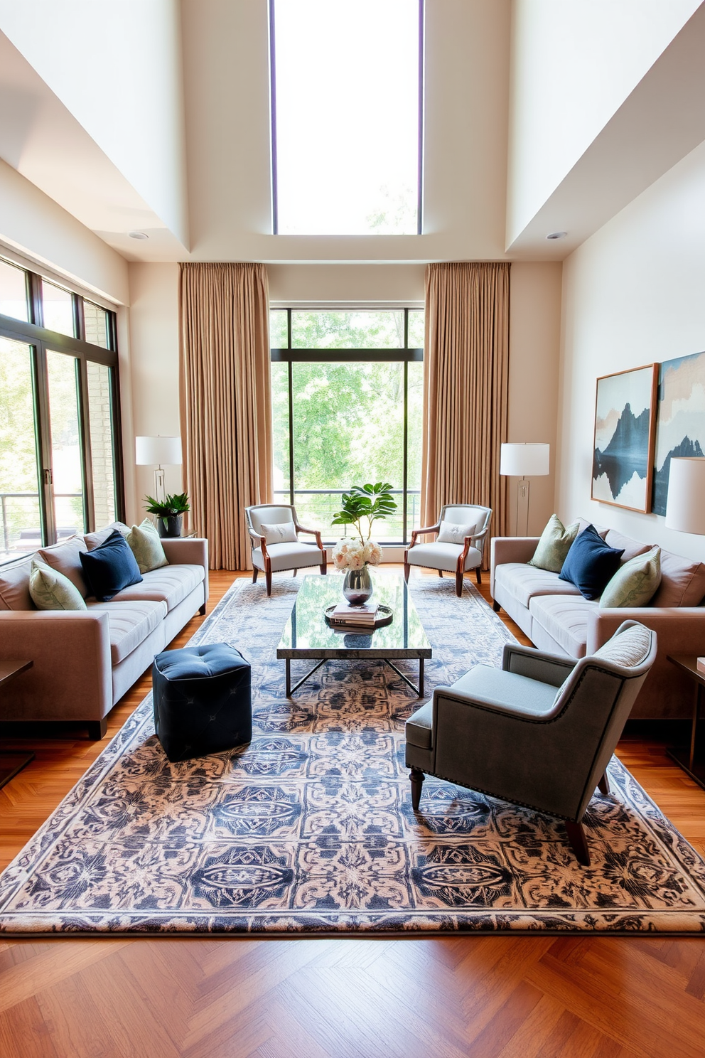 A long living room features sofas positioned facing each other to create an intimate conversation area. The space is enhanced with a large area rug that anchors the seating arrangement, adding warmth and texture to the room. Floor-to-ceiling windows allow natural light to flood the space, highlighting the elegant drapes that frame them. A statement coffee table sits at the center, surrounded by stylish accent chairs that complement the overall design.