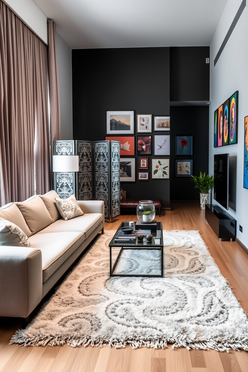 A long narrow living room features a sleek sectional sofa in a soft gray fabric positioned along one wall. To create a sense of privacy, a decorative folding screen with intricate patterns is placed near the seating area, adding a touch of elegance. The opposite wall is adorned with a gallery of framed artwork, showcasing vibrant colors that complement the room's neutral palette. A stylish coffee table sits in the center, surrounded by plush area rugs that define the space and enhance comfort.