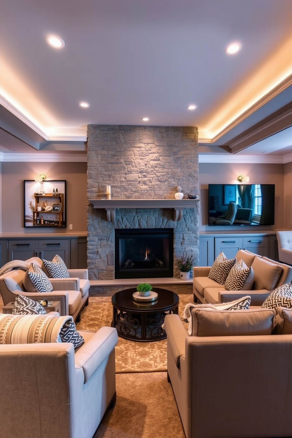 Cozy fireplace with plush seating. The room features a large stone fireplace surrounded by comfortable armchairs and a soft sectional sofa, all adorned with warm throw blankets and cushions. Luxury Basement Design Ideas. The space is designed with elegant finishes, including a wet bar with high-end appliances, ambient lighting, and a plush home theater area with tiered seating and a large screen.