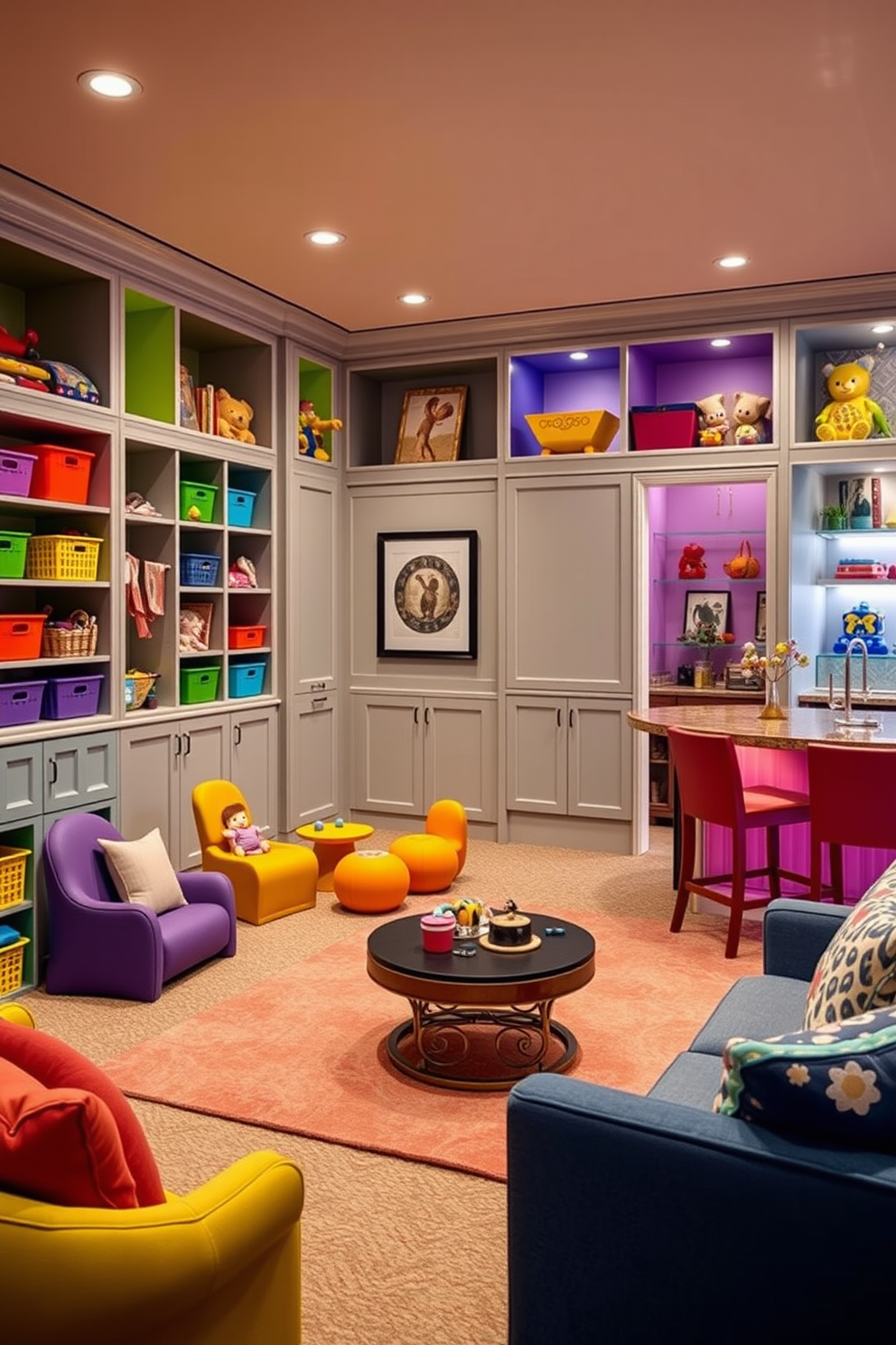 A vibrant kids playroom filled with colorful furniture and playful decor. Creative storage solutions are integrated throughout the space, featuring built-in shelves and playful bins to keep toys organized. A luxurious basement designed for relaxation and entertainment. The space includes a plush seating area, a stylish wet bar, and ambient lighting to create an inviting atmosphere.