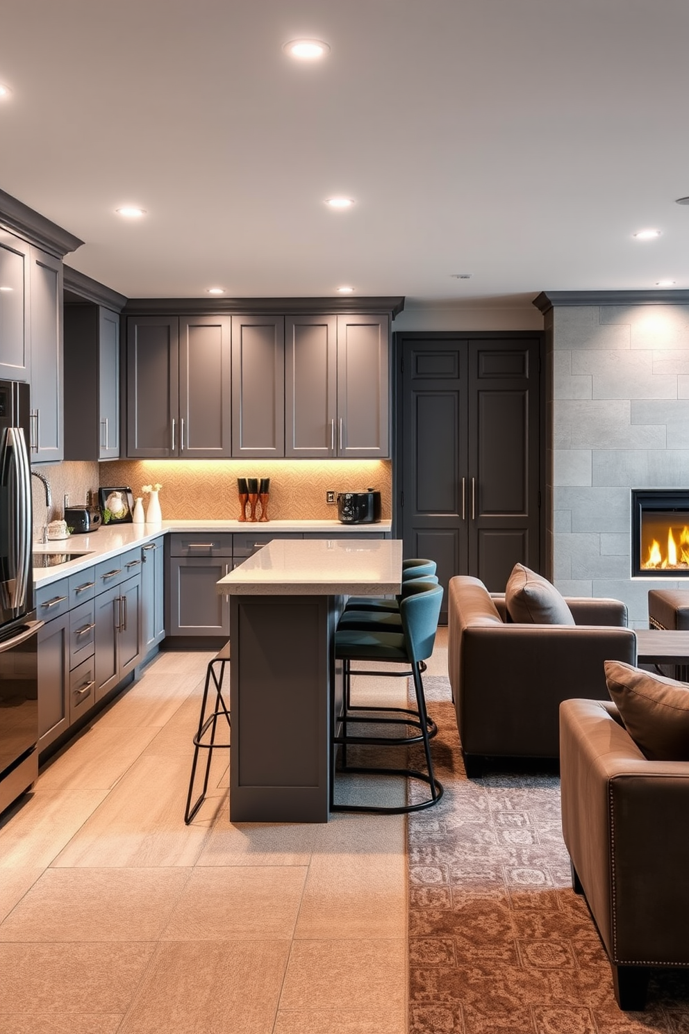 A modern kitchenette designed for entertaining guests features sleek cabinetry in a soft gray finish with stainless steel appliances seamlessly integrated. A large island with a waterfall countertop provides ample space for food preparation and casual dining, complemented by stylish bar stools. The luxury basement design includes a spacious lounge area with plush seating and a contemporary fireplace as the focal point. Warm ambient lighting creates an inviting atmosphere, while a wet bar with elegant finishes enhances the entertainment experience.