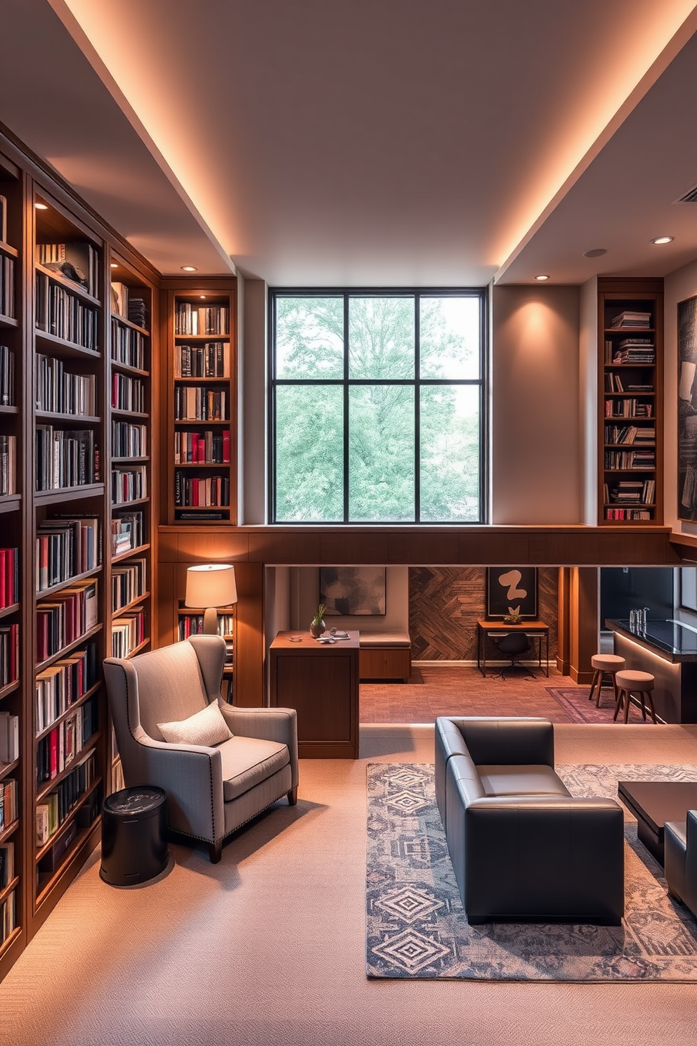 A cozy reading nook with built-in bookshelves that stretch from floor to ceiling. A plush armchair is positioned near a large window, with soft lighting creating a warm ambiance. A luxurious basement design featuring a spacious lounge area with a sleek bar and modern seating. The walls are adorned with contemporary art, and large windows provide natural light while maintaining a cozy atmosphere.