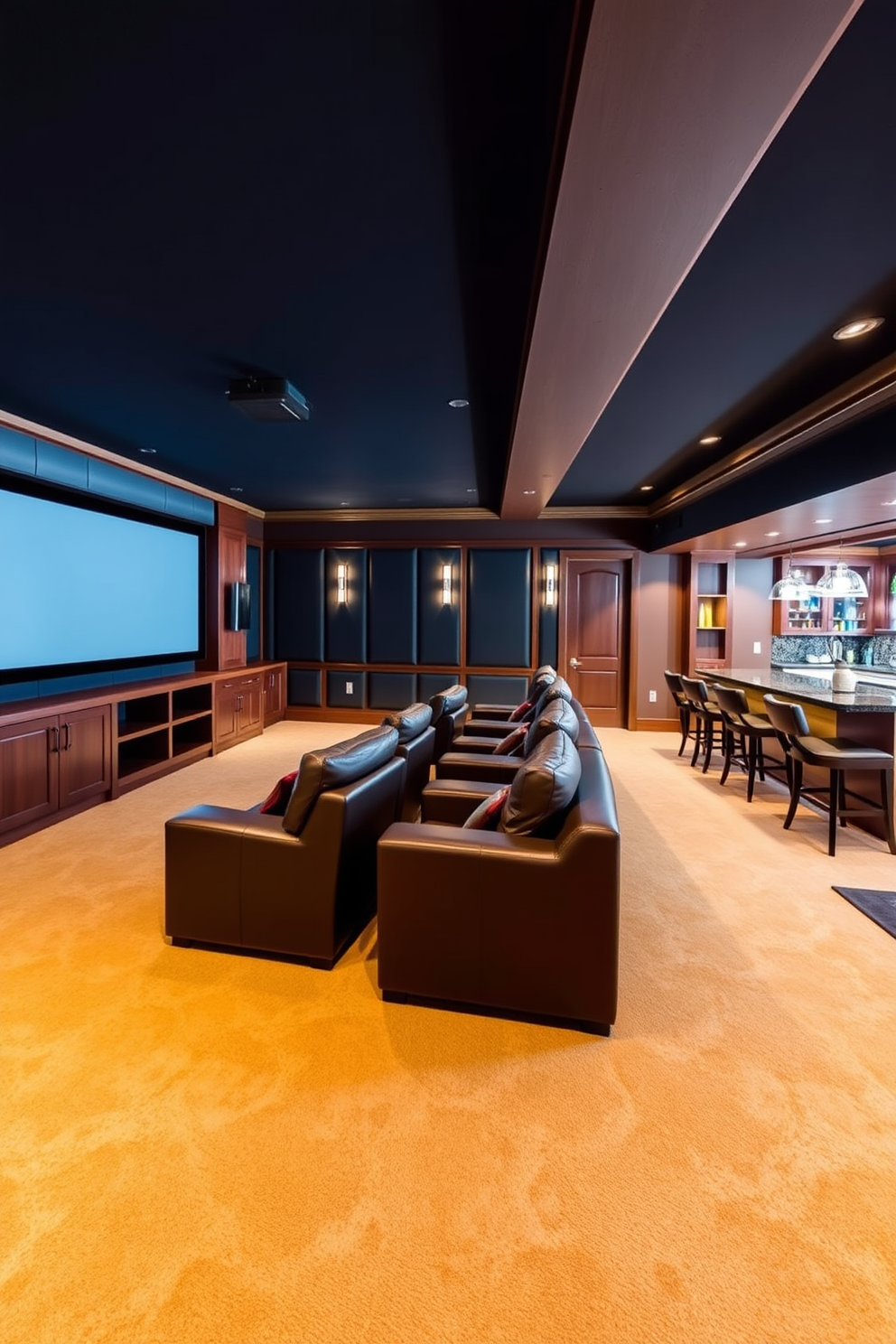 A luxury media room designed for ultimate entertainment features plush leather seating arranged for optimal viewing. The walls are adorned with acoustic panels in deep navy, and a large screen dominates the front wall, flanked by custom cabinetry housing the latest technology. The luxury basement design includes a spacious open layout with a cozy lounge area and a wet bar for entertaining. Warm wood accents complement the soft lighting, creating an inviting atmosphere perfect for relaxation and gatherings.