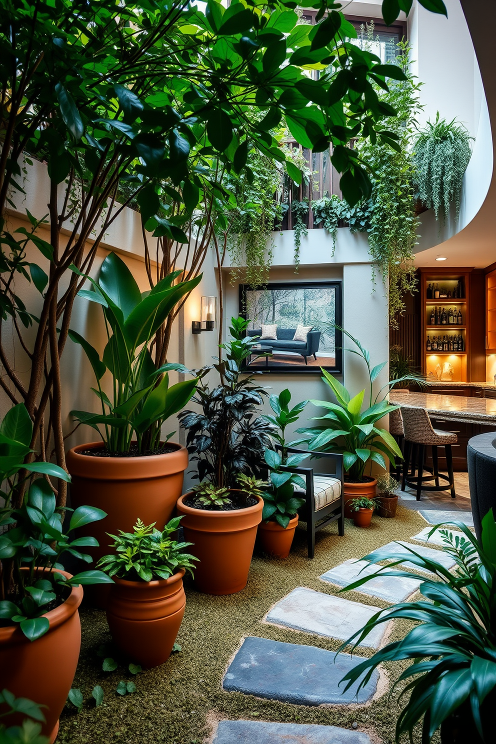 Indoor garden with natural elements. Lush greenery fills the space, with various plants in terracotta pots placed strategically around a stone pathway. Luxury basement design ideas. The basement features a cozy lounge area with plush seating, a wet bar with elegant finishes, and ambient lighting that creates a warm atmosphere.