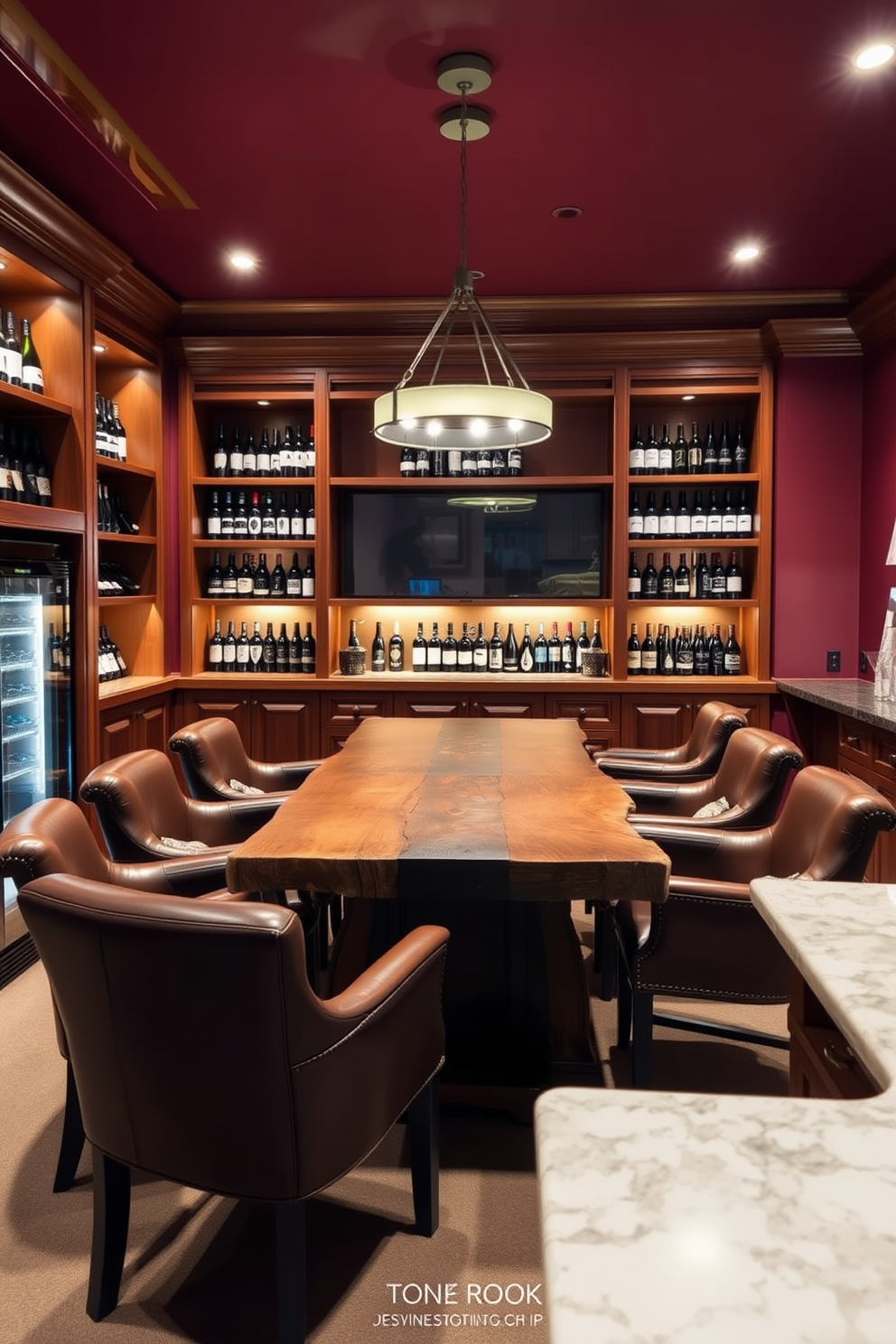 A custom wine tasting room featuring elegant wooden shelving displaying a variety of wine bottles. The walls are adorned with rich burgundy paint, and a large rustic wooden table is surrounded by plush leather chairs. The lighting is soft and ambient, highlighting the intricate details of the decor. A stylish wine cooler and a marble countertop bar area complete the luxurious basement design.