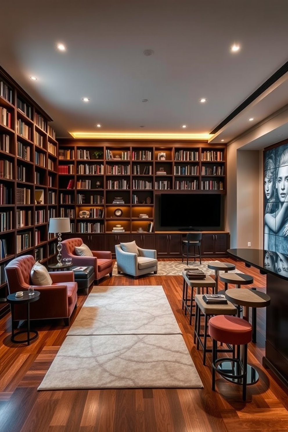 A personal library with cozy seating features plush armchairs in rich fabrics, positioned near a large window that allows natural light to flood the space. Floor-to-ceiling bookshelves are filled with an array of books, and a soft area rug adds warmth to the hardwood floor. The luxury basement design includes a spacious entertainment area with a state-of-the-art home theater system and a stylish bar with elegant stools. Ambient lighting highlights the modern furnishings and artwork, creating an inviting atmosphere for relaxation and social gatherings.