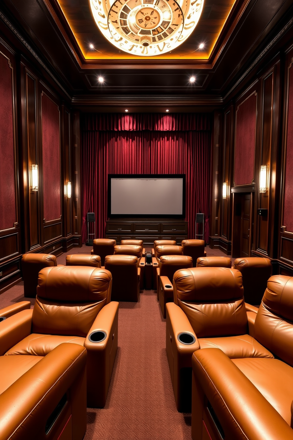 A luxurious home theater featuring tiered seating for optimal viewing. The walls are adorned with rich, dark wood paneling, and plush velvet curtains frame the large screen. Soft, ambient lighting creates a cozy atmosphere, while a state-of-the-art sound system enhances the cinematic experience. The seating consists of oversized leather recliners, each equipped with built-in cup holders and adjustable headrests.