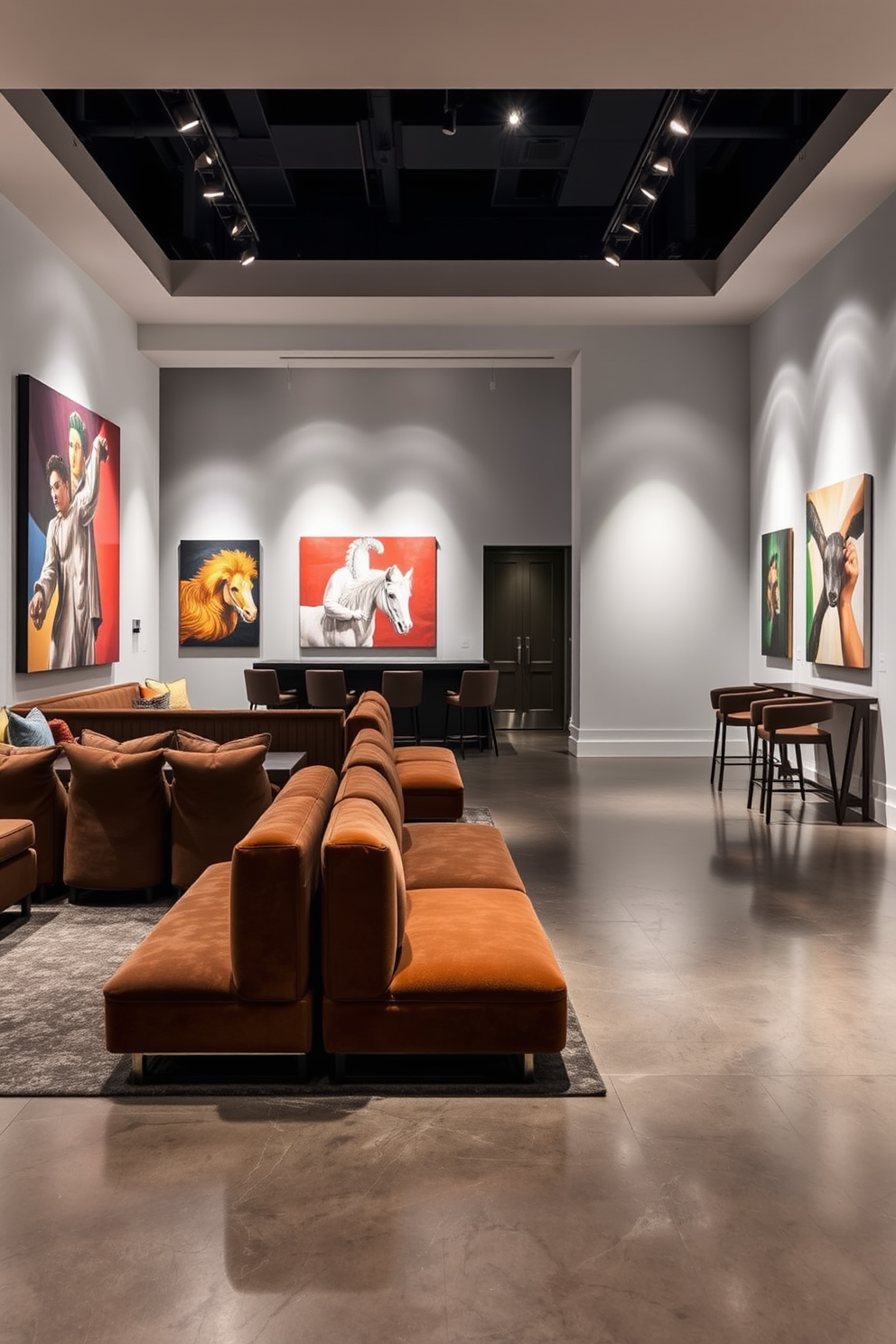 A contemporary art gallery featuring clean lines and open spaces. The walls are adorned with large, vibrant artworks, and strategically placed spotlighting highlights each piece. The luxury basement design includes plush seating areas and a sleek bar. Soft ambient lighting creates a warm atmosphere, while a polished concrete floor adds a modern touch.