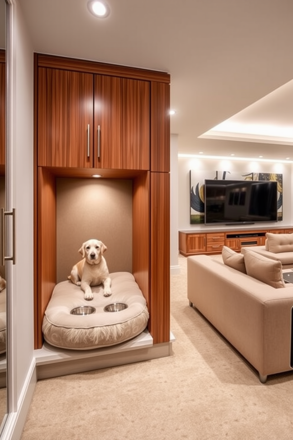 A luxury pet area designed with custom features includes a plush dog bed integrated into a stylish wooden cabinet. The space is accented with elegant pet accessories and features a dedicated feeding station with designer bowls. For luxury basement design ideas, envision a spacious entertainment area with a large sectional sofa and a state-of-the-art home theater system. The walls are adorned with modern art, and the lighting is soft and inviting, creating a perfect ambiance for relaxation and gatherings.