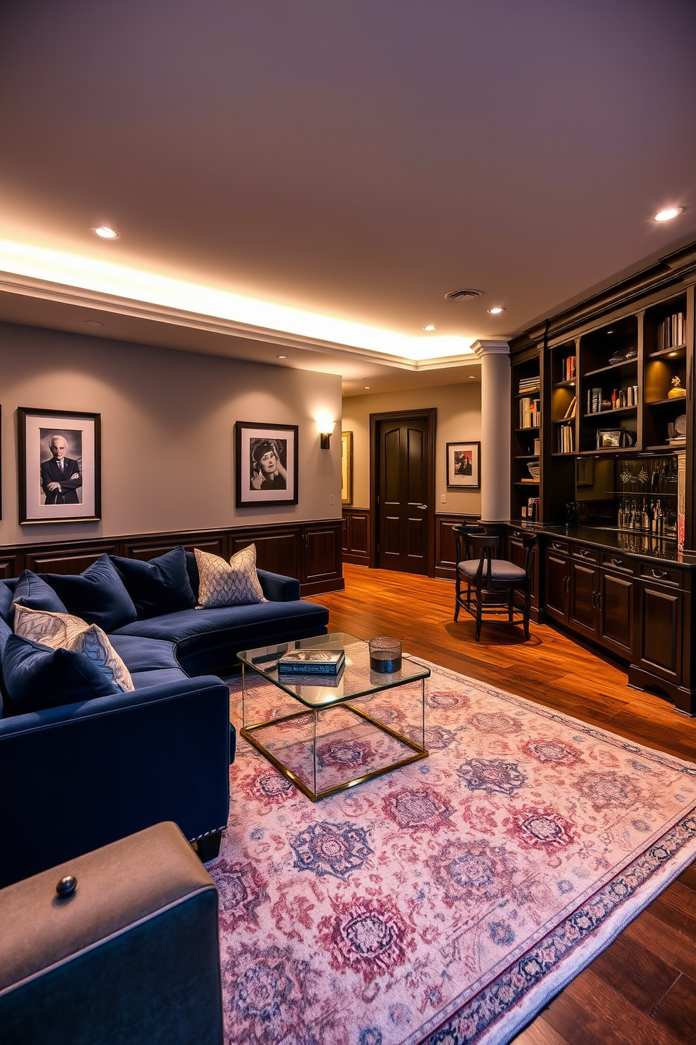 A luxury basement designed as a sophisticated entertainment space. The room features a plush sectional sofa in deep navy, paired with a sleek glass coffee table and an elegant wet bar with dark wood cabinetry. Soft ambient lighting creates a warm atmosphere, complemented by a large area rug with intricate patterns. The walls are adorned with framed artwork and a custom-built bookshelf filled with curated decor and books.