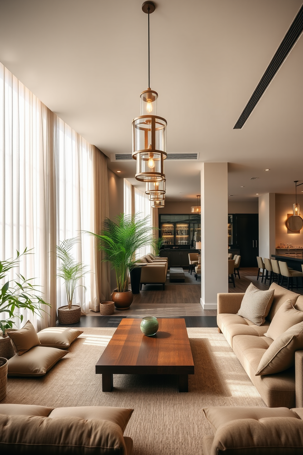 A serene zen meditation space features soft natural light filtering through sheer curtains. The room is adorned with bamboo plants, a low wooden table, and cushions in calming earth tones. The luxury basement design showcases an open layout with plush seating and a sleek bar area. Elegant lighting fixtures hang from the ceiling, illuminating the space and highlighting the rich textures of the furnishings.